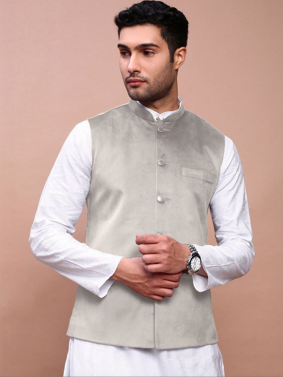 SHOWOFFFF Velvet Mandarin Collar Nehru Jacket-picture-41