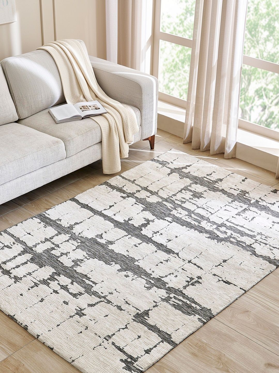 Home Centre Off White Abstract Polyester Carpet-image-21