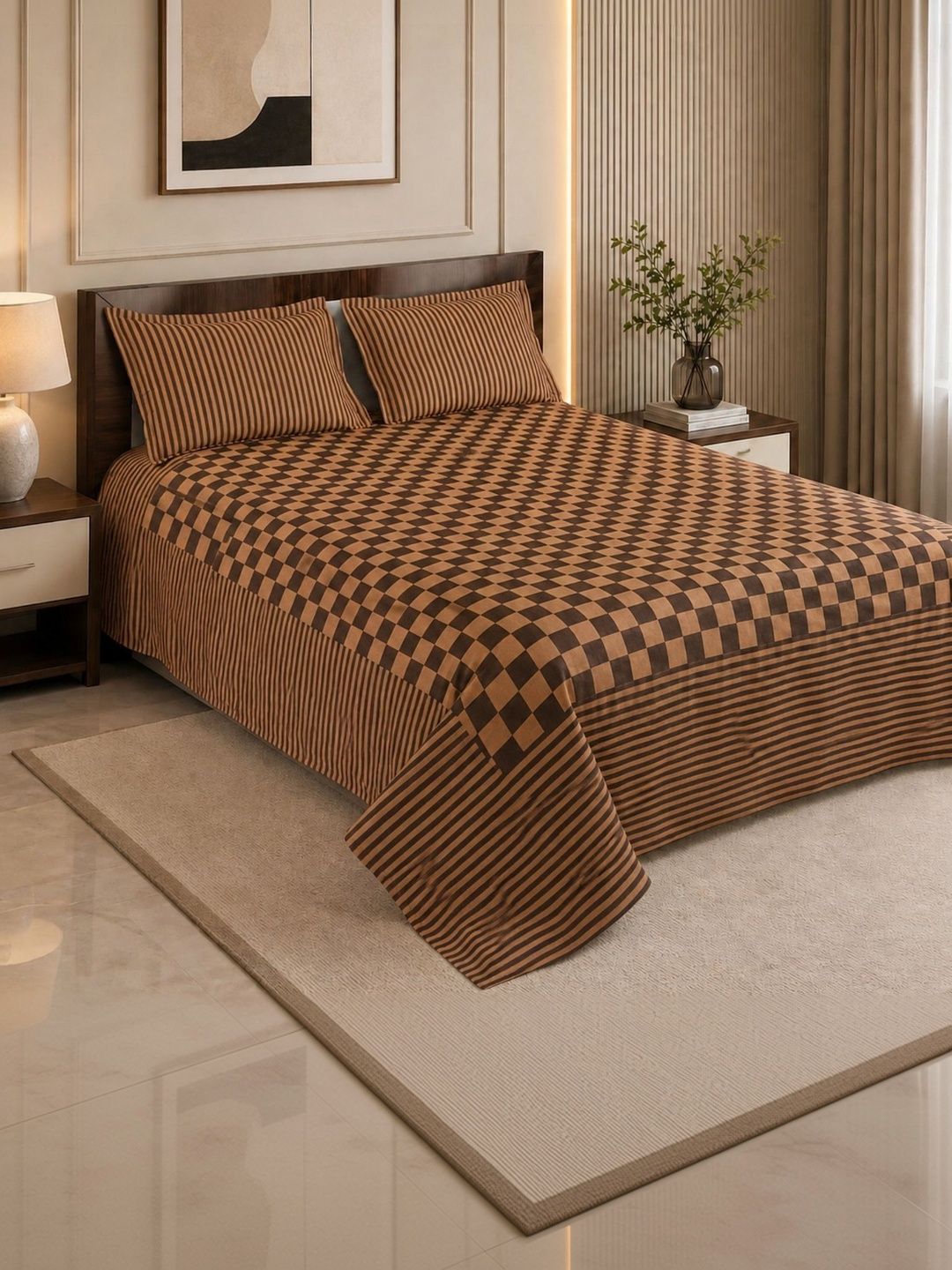 Victor Prima Coffee Brown Checked 300 TC Breathable Double Bed Cover with 2 Pillow Covers-image-15