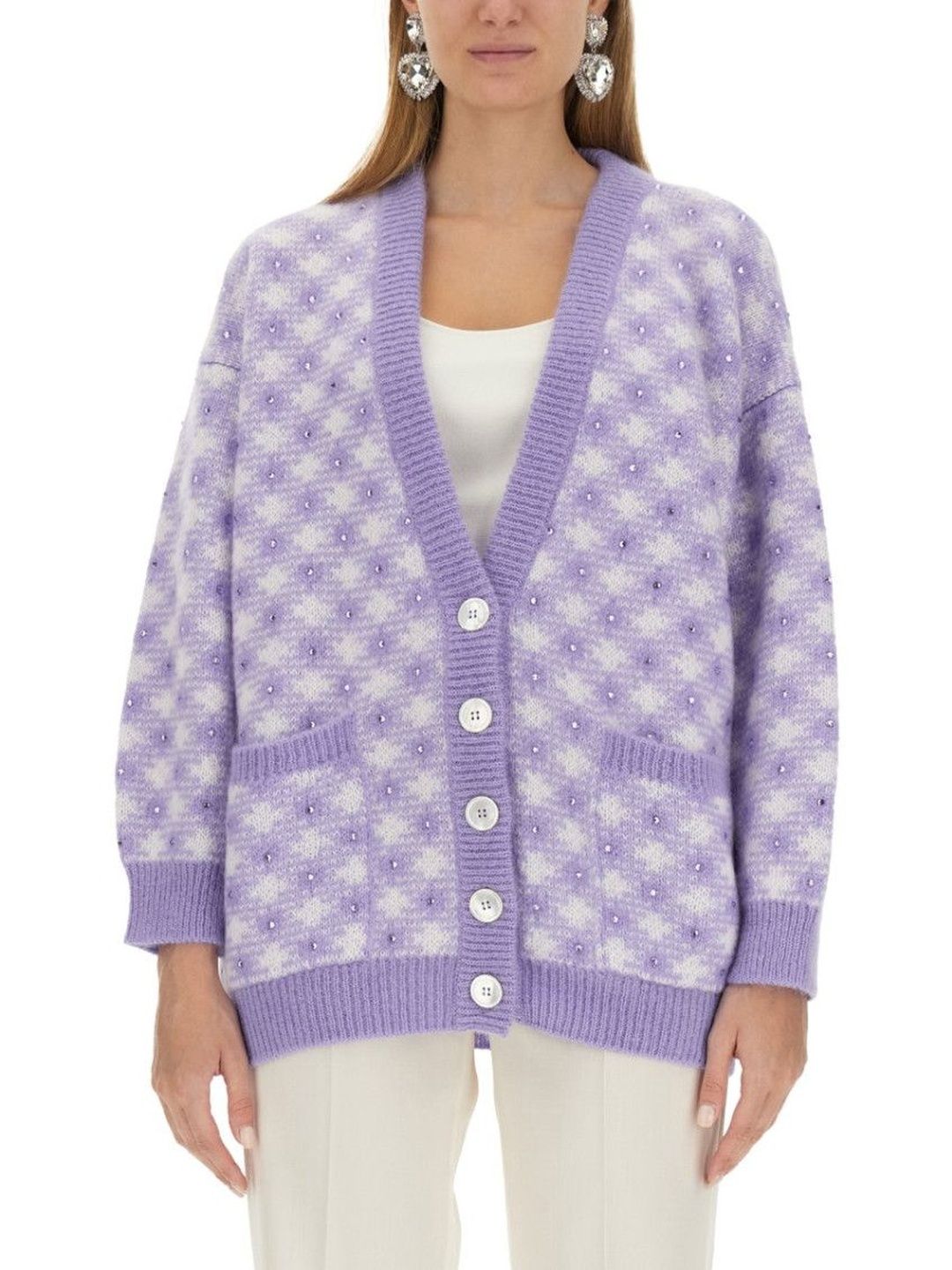 Purple Embellished V Neck Cardigan-image-34