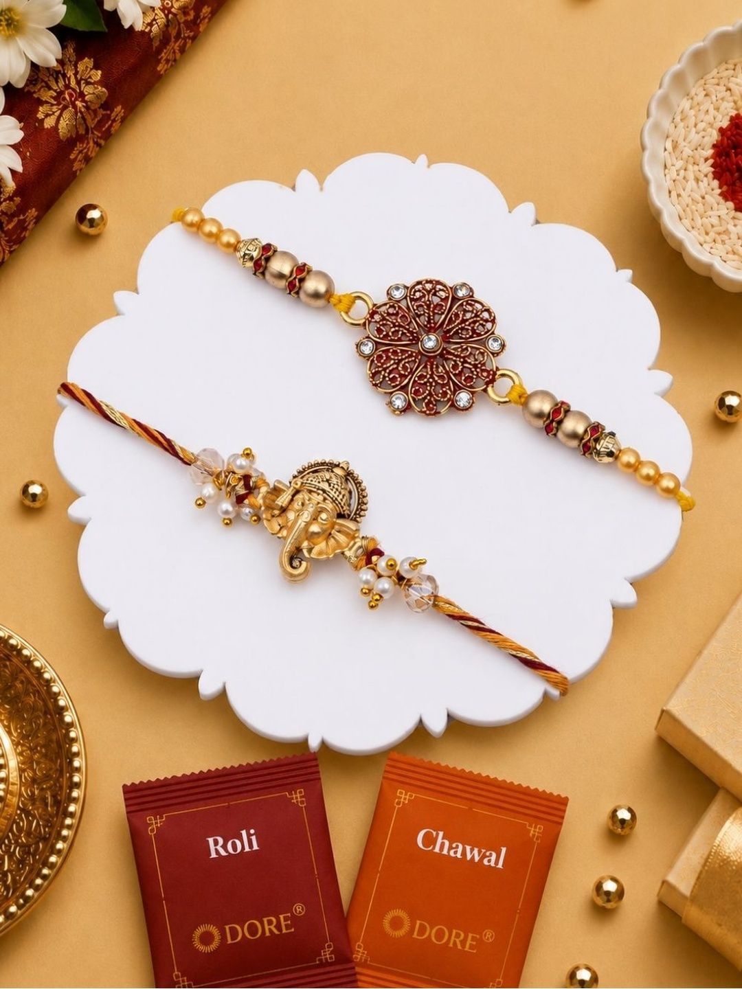 Dore Set of 2Golden Ganesha & Floral Jaipuri Meenakari Rakhi-picture-29