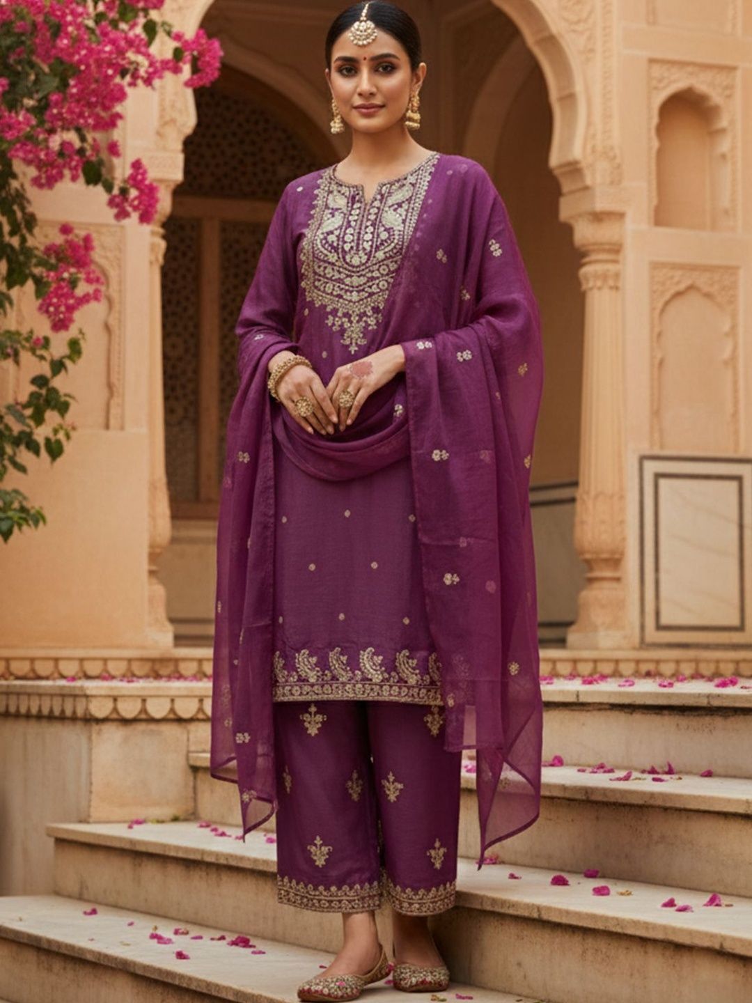 Koskii Wine Art Silk Sequins Straight Kurta With Palazzo And Dupatta-picture-10