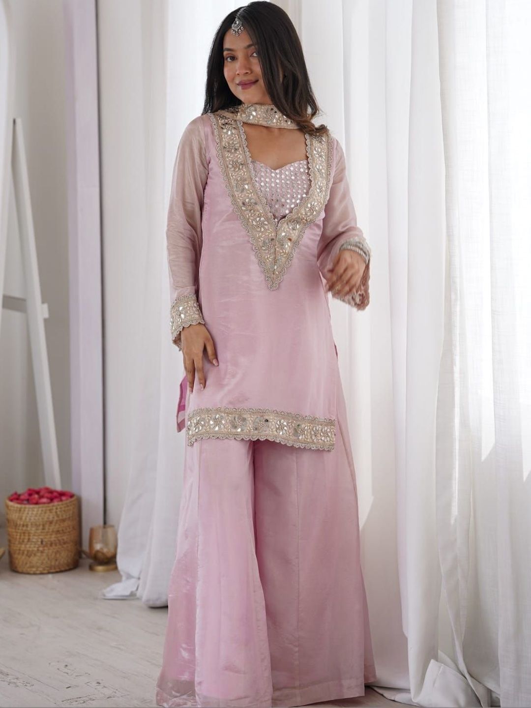 krisha fashion Women Regular Mirror Work Pure Silk Kurta with Sharara & With Dupatta-picture-35