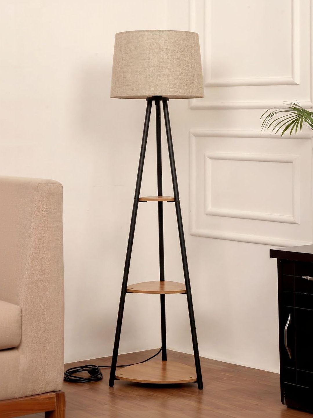 prettykrafts Black Metal Spherical Floor Lamp With 3- Tier Wooden Shelves-image-27