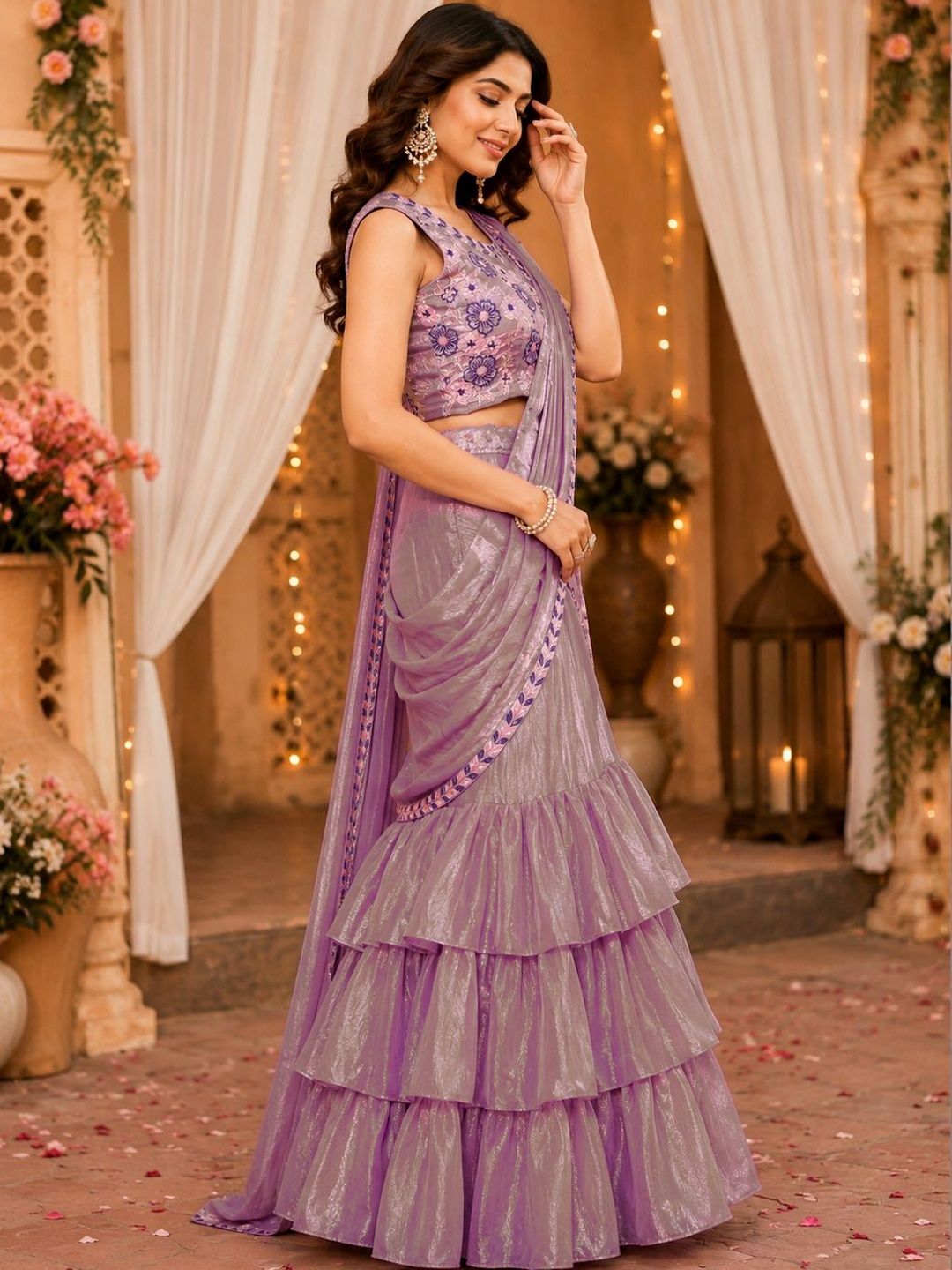 PATLANI STYLE Floral Embroidered Silk Blend Lehenga Saree-picture-29