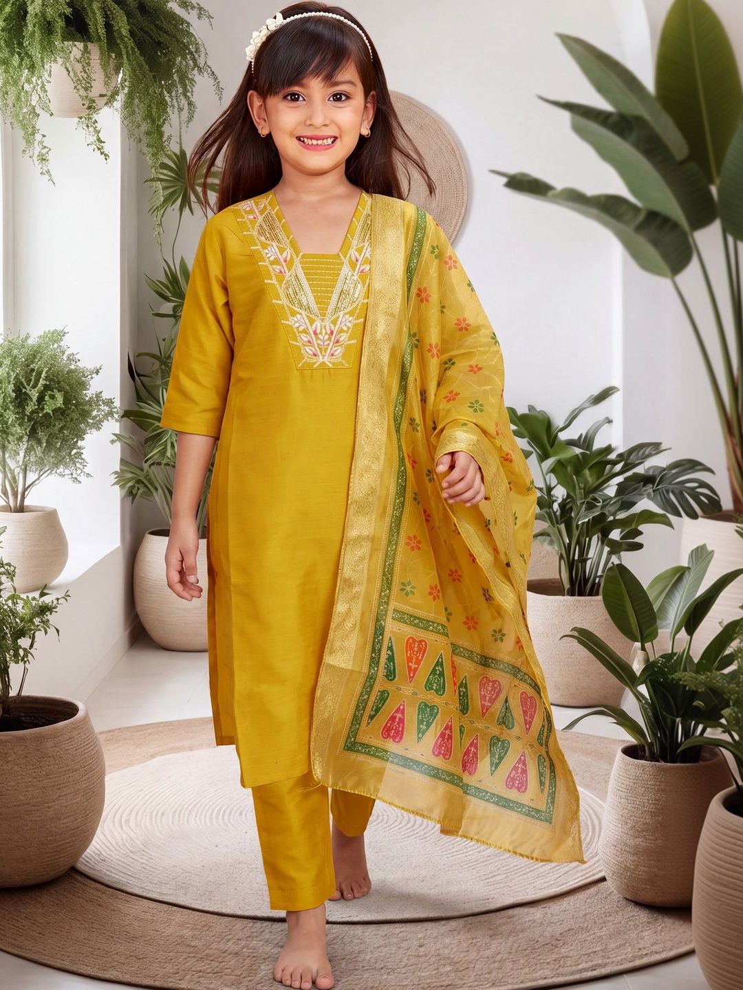 SPANGEL FASHION Girls Ethnic Motifs Embroidered Regular Thread Work Kurta with Trousers & With Dupatta-picture-45