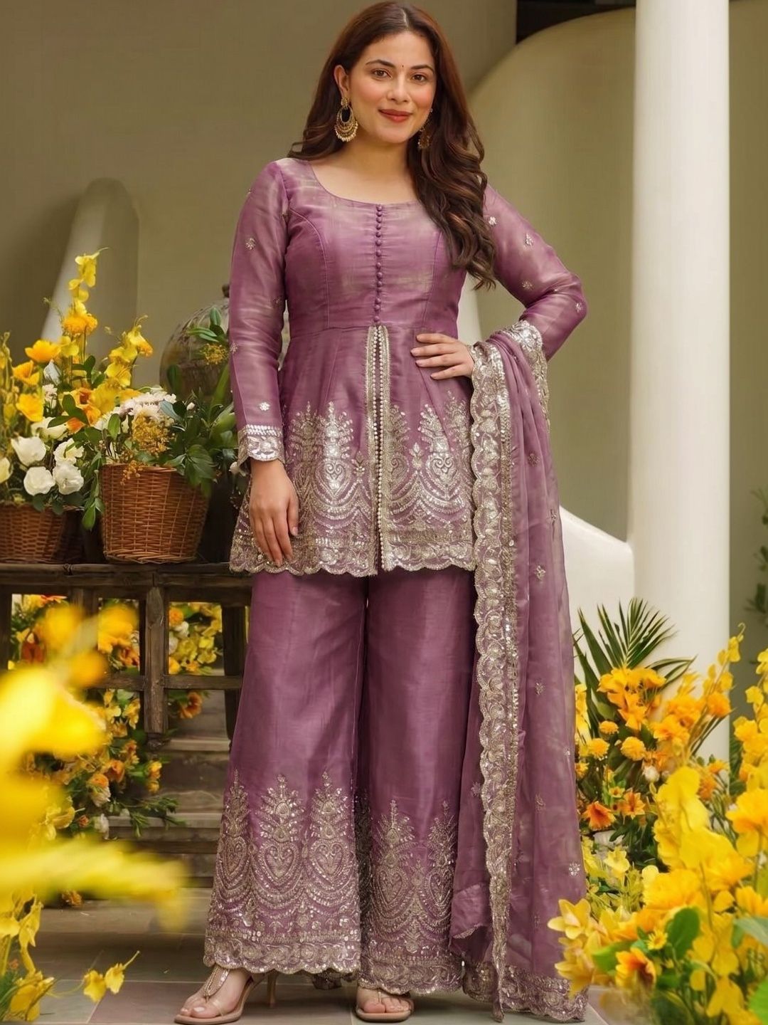 krisha fashion Ethnic Motifs Embroidered Boat Neck Pure Silk Kurta With Palazzos & Dupatta-image-22