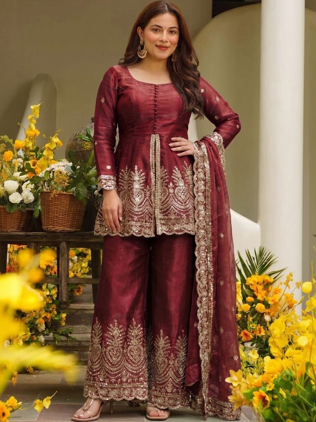 krisha fashion Women Ethnic Motifs Embroidered Empire Pure Silk Kurta with Palazzos & With Dupatta-picture-12