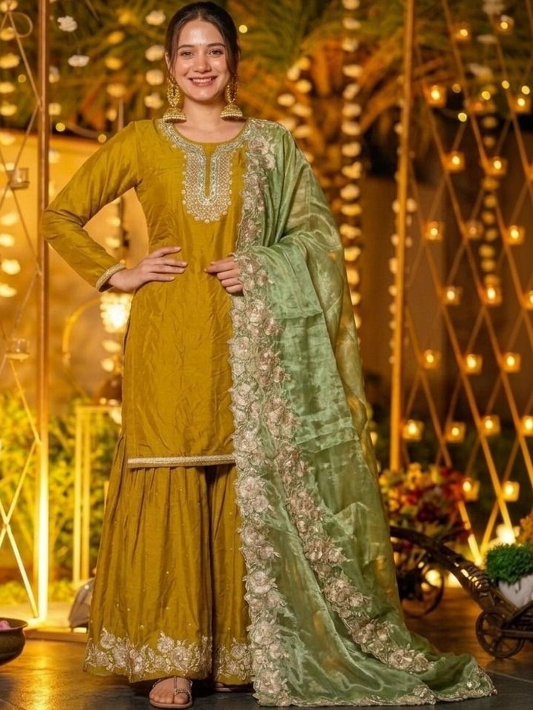 krisha fashion Ethnic Motifs Embroidered Round Neck Pure Silk Kurta with Sharara & Dupatta-image-20