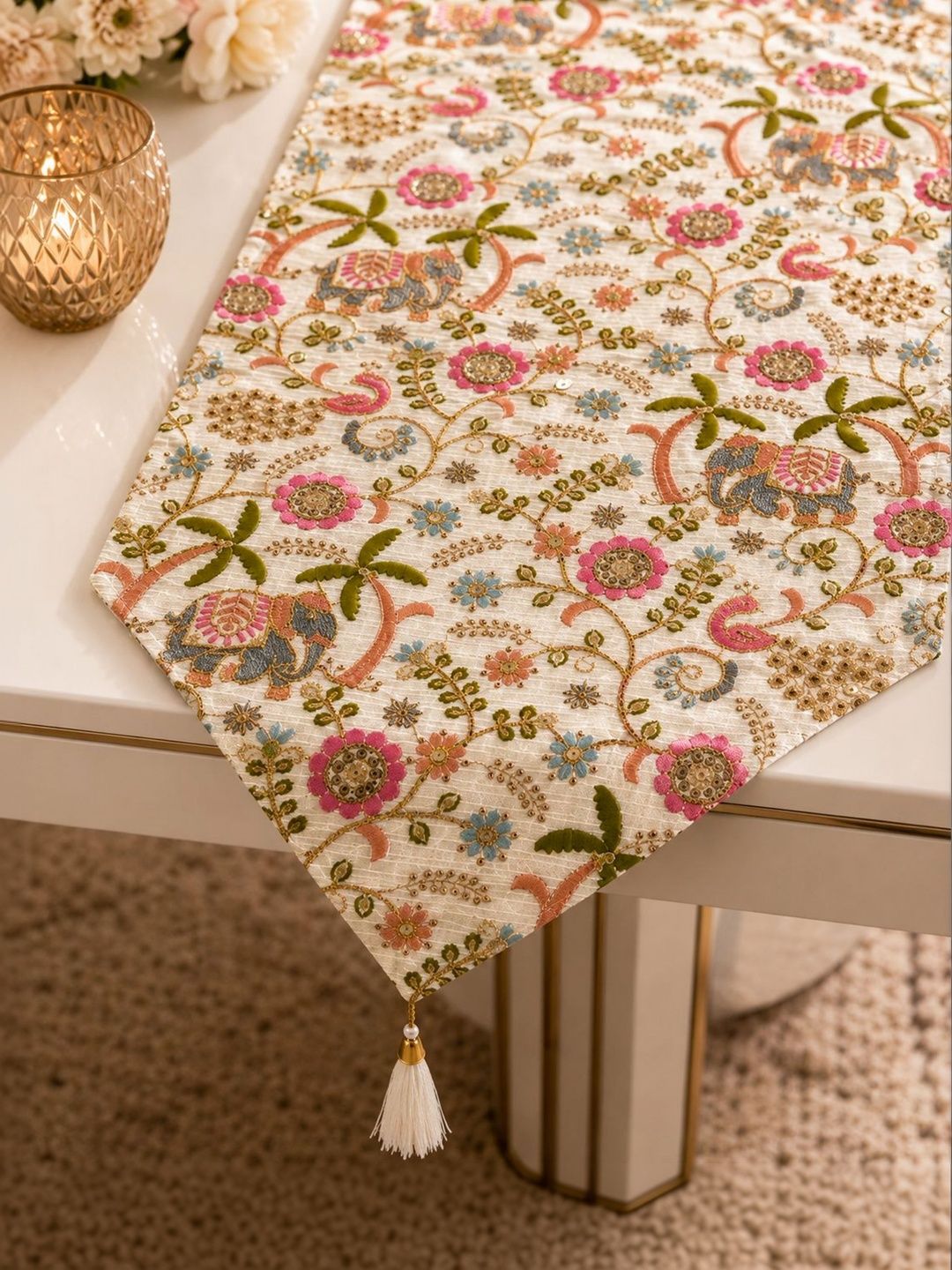 MONKDECOR Beige Zari Embroidered Design Dining Table Runner-picture-33