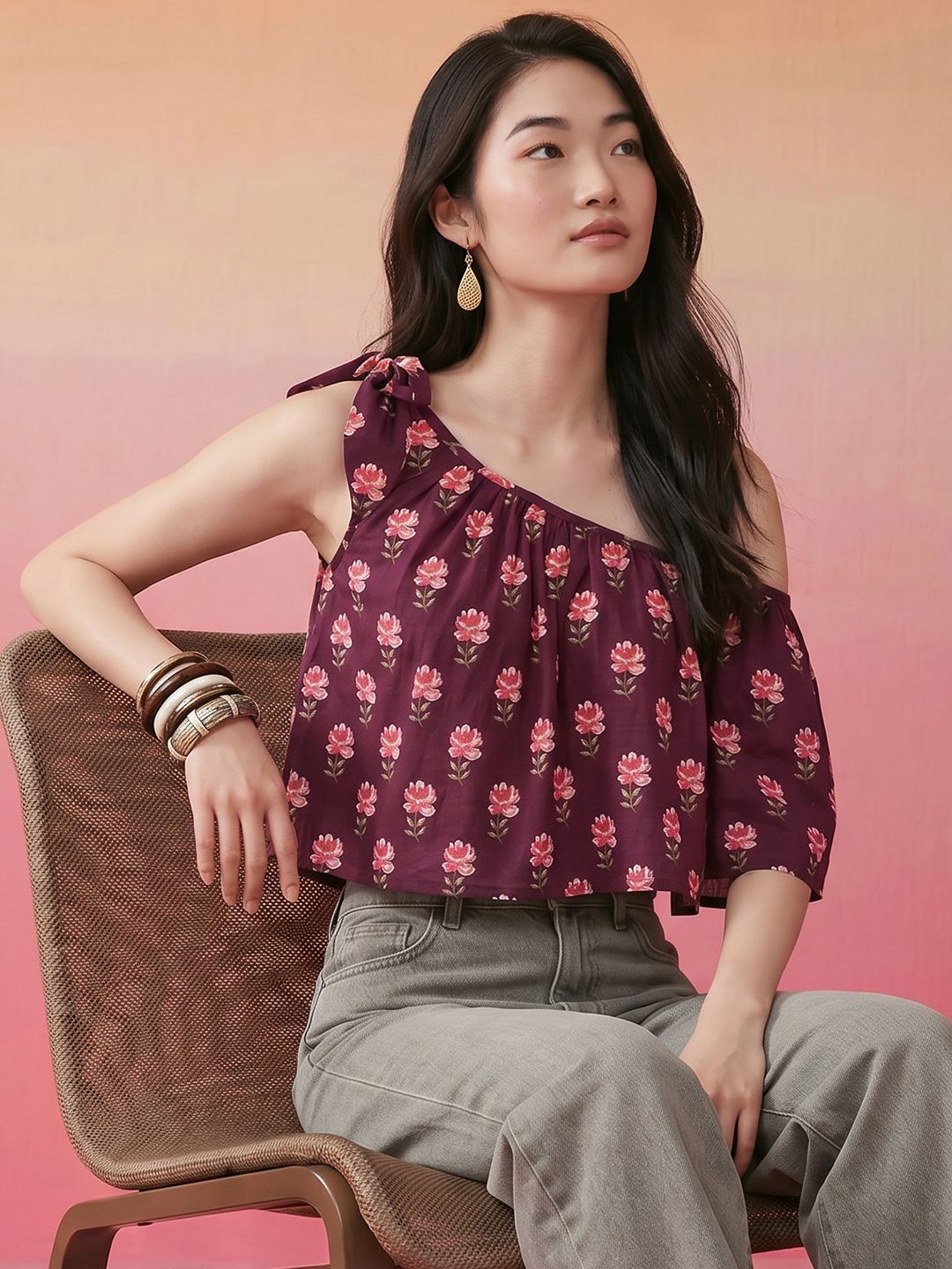 ZACCAI Floral Printed One Shoulder Crop Top-picture-44
