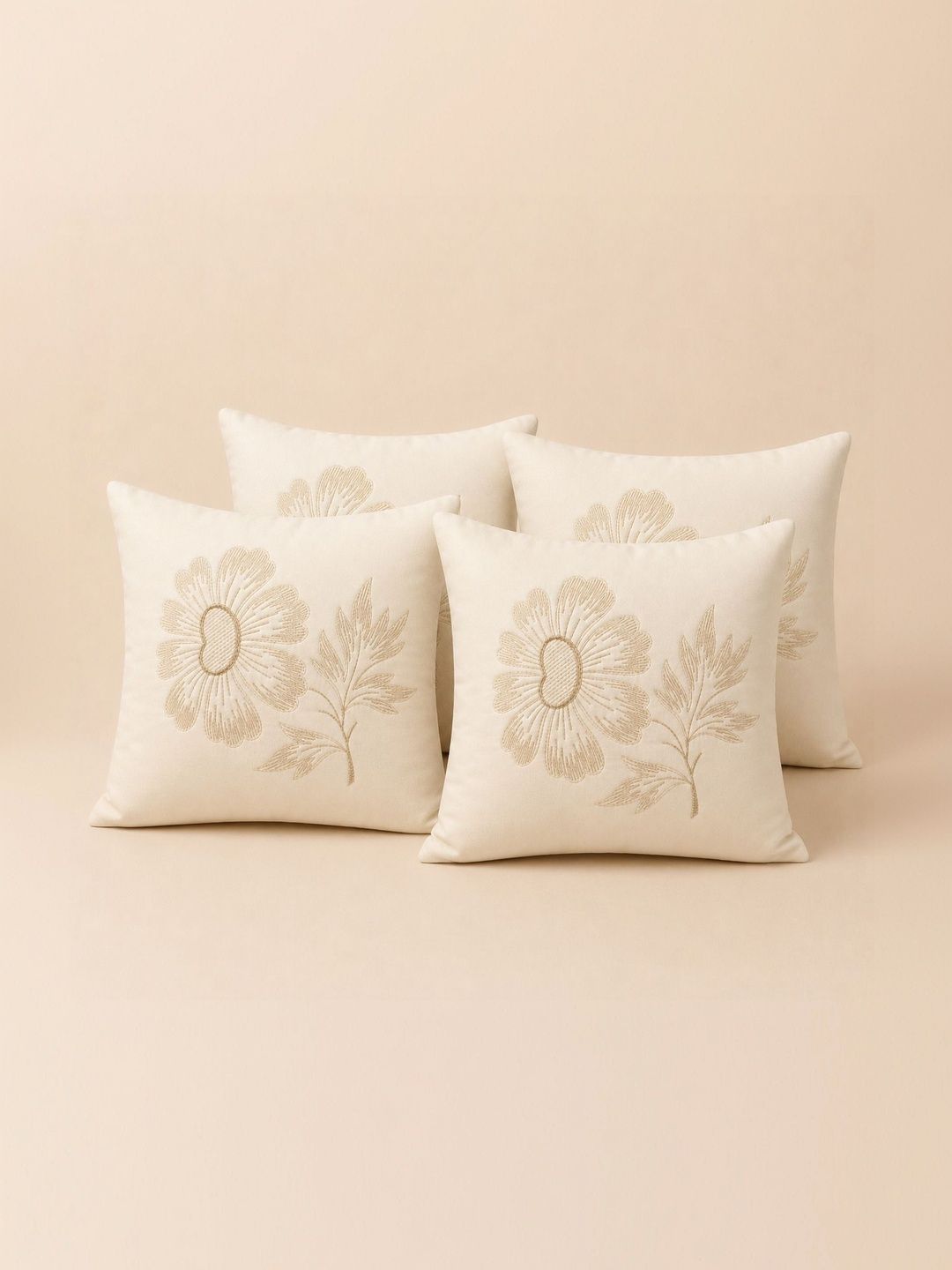 VORNEXA Cream-Coloured Set of 4 Floral Velvet Square Cushion Covers-picture-34
