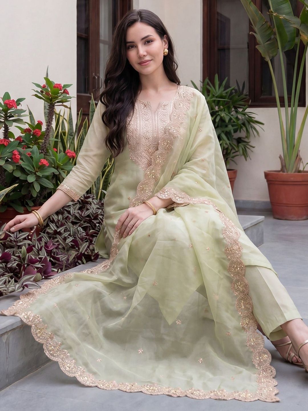 Indo Era Women Ethnic Motifs Embroidered Regular Thread Work Kurta with Trousers & With Dupatta-picture-35
