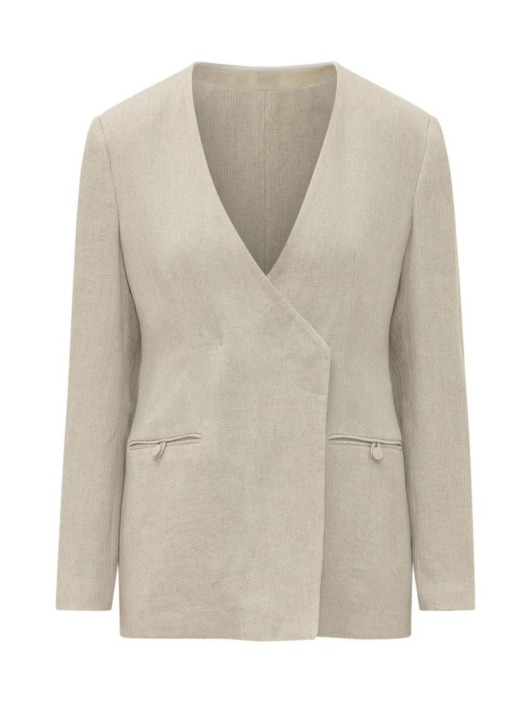 Beige Solid V Neck Blazer-image-2