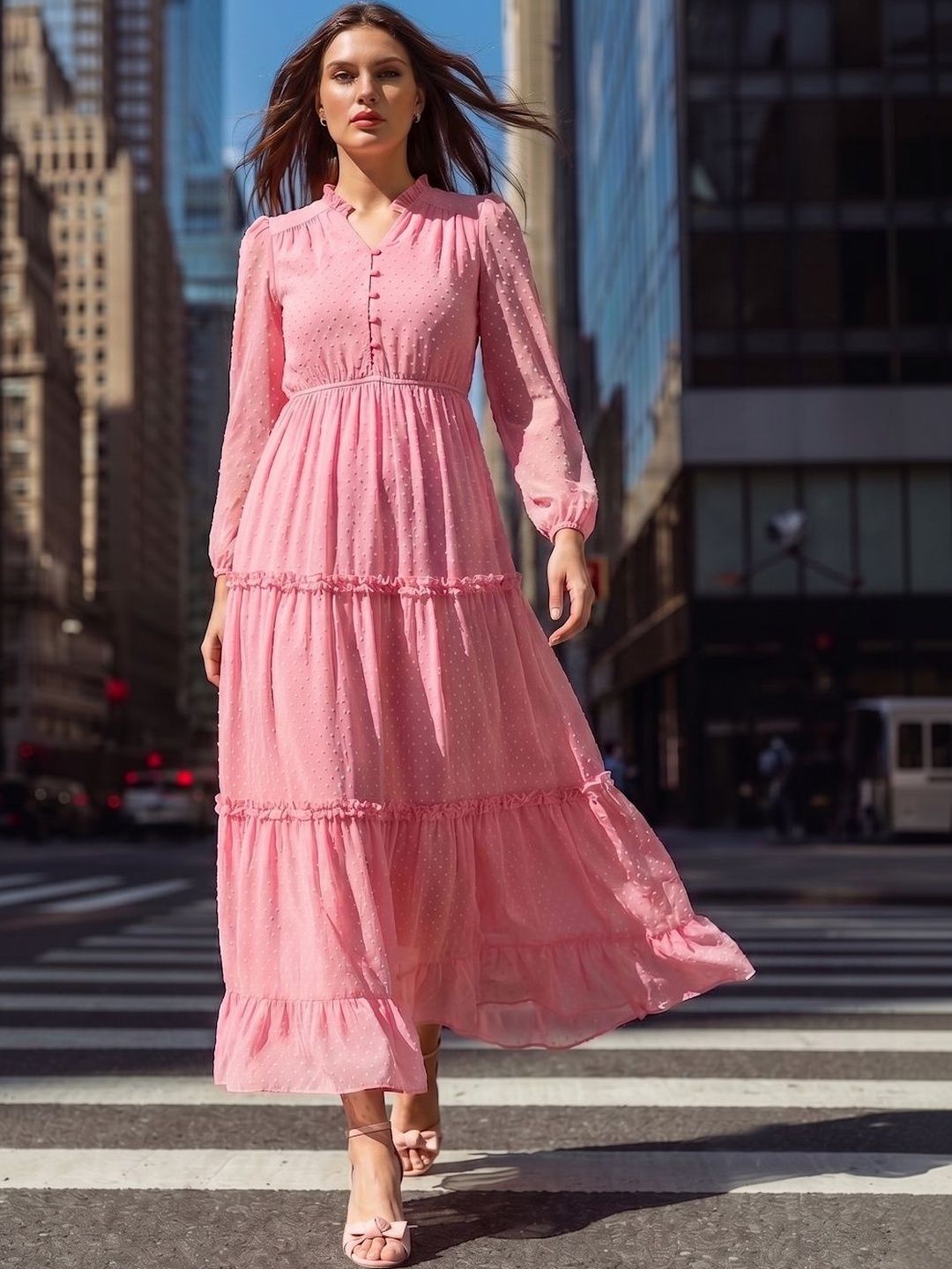 aayu aayu Georgette Self Design Puff Sleeve Tiered Maxi Dress