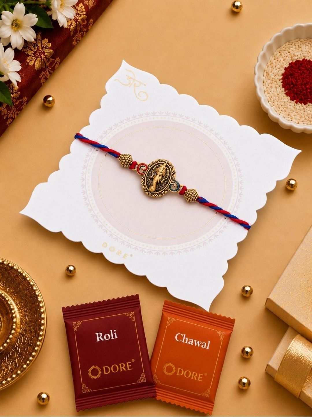 Dore Antique Ganesha Rakhi with Red & Blue Braided Thread-picture-33