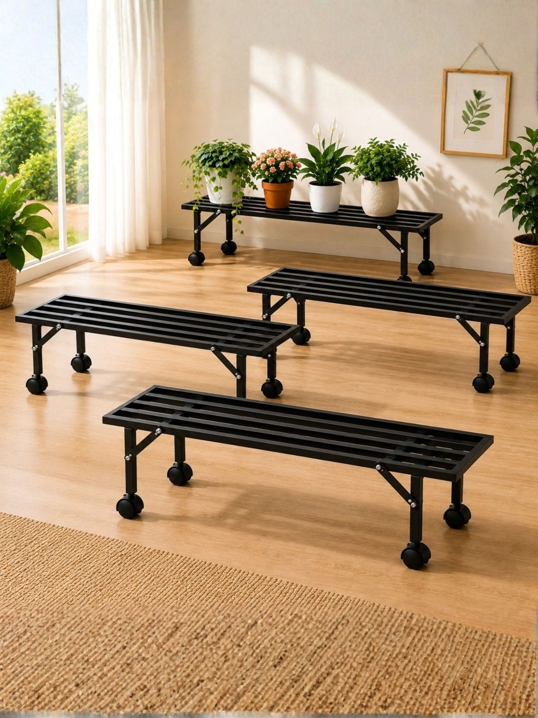 ecofynd Scot 4 Pcs Black Metal Plant Stand with Wheels-image-12