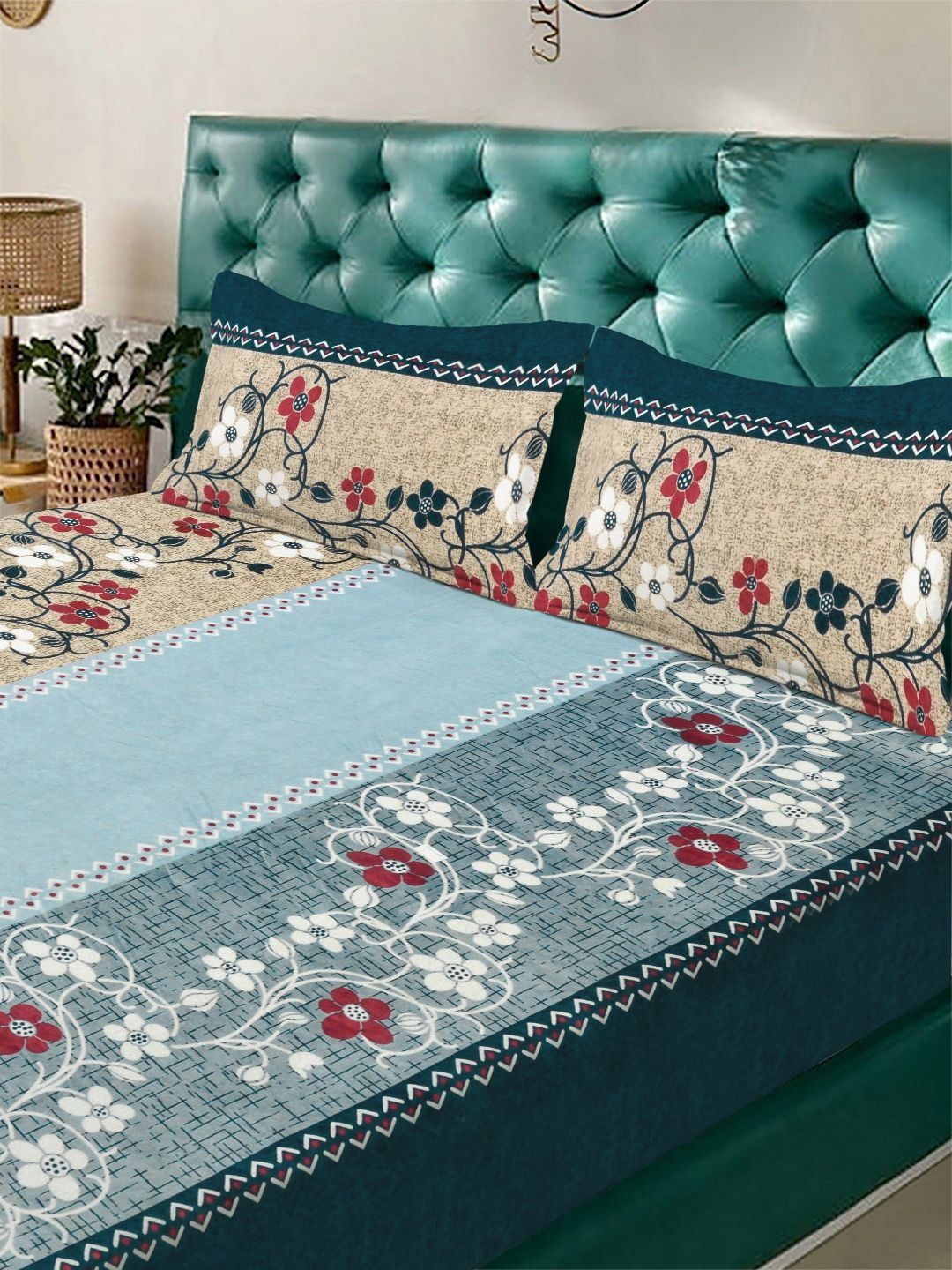 Myntra Elegant Homes Green & Blue Floral 300 TC King Bedsheet with 2 Pillow Covers-picture-14