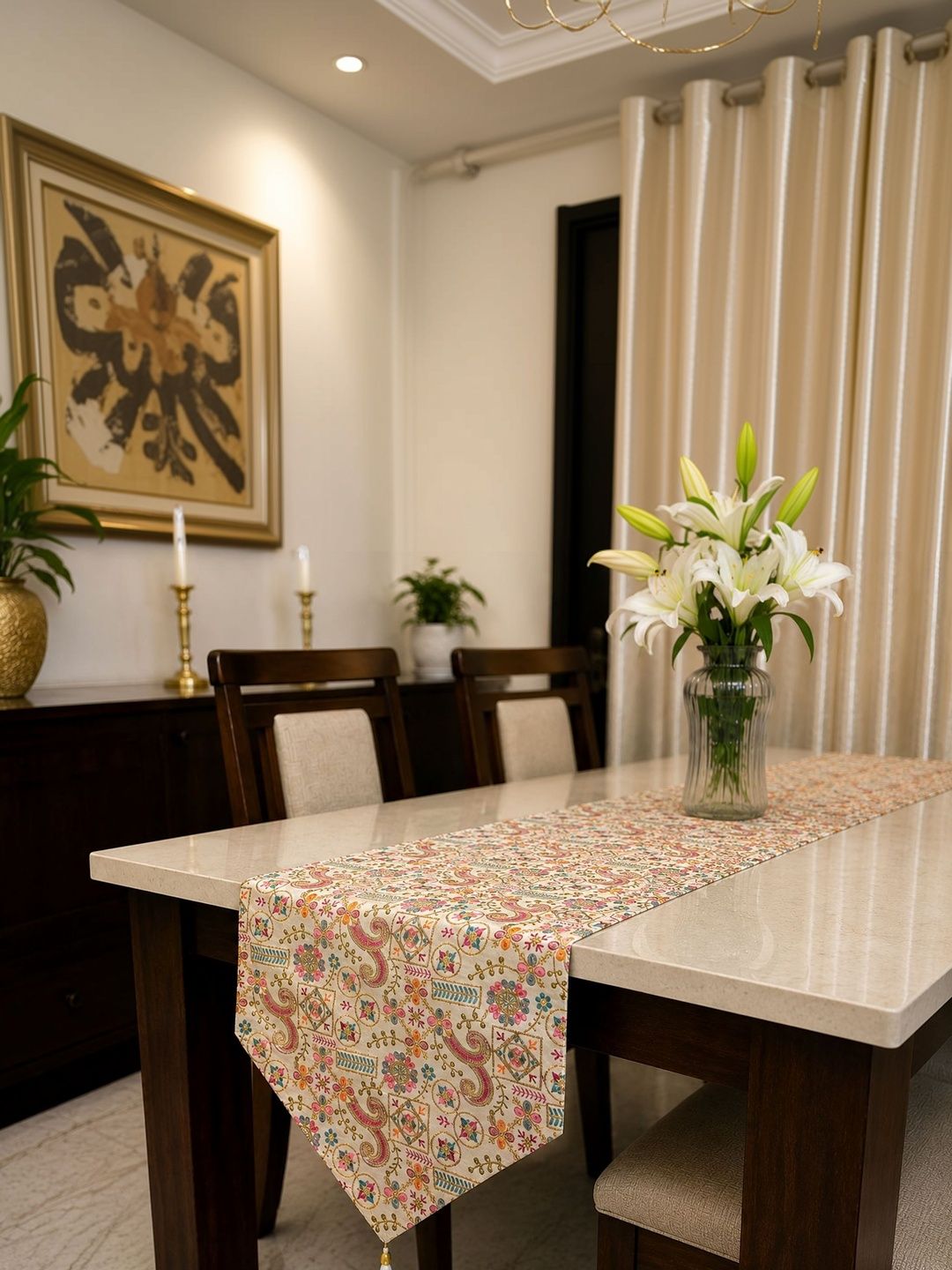 MONKDECOR Beige Zari Embroidered Design Dining Table Runner-image-27
