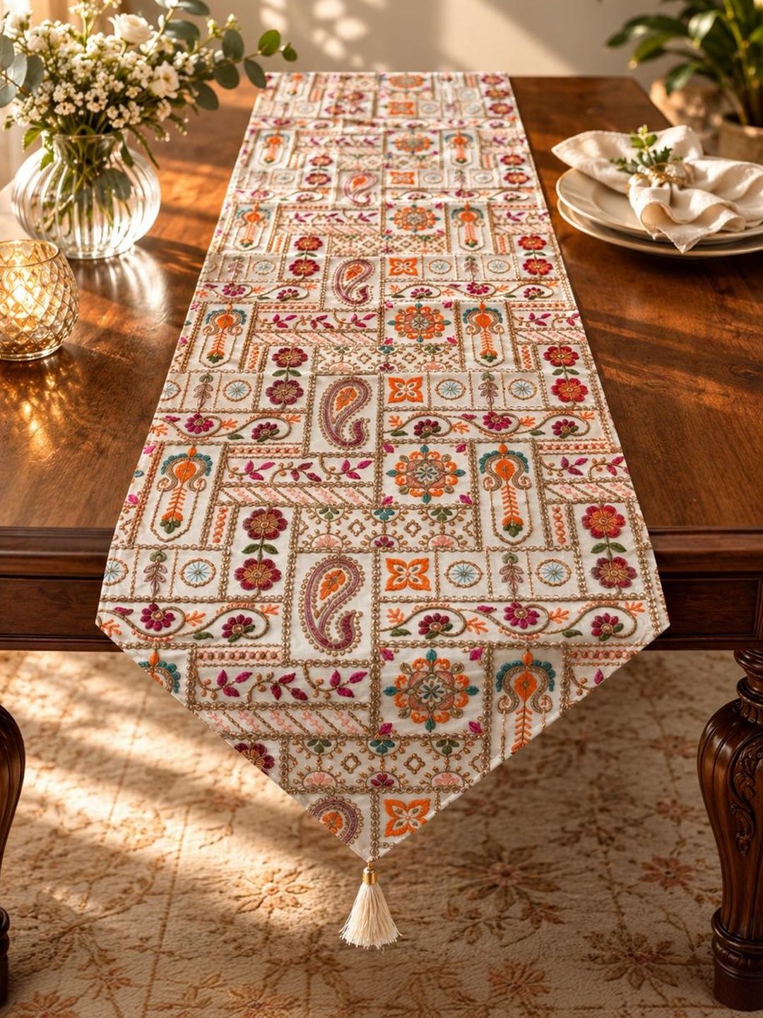 MONKDECOR White & Orange-Coloured Ethnic Motifs Table Runners-image-18
