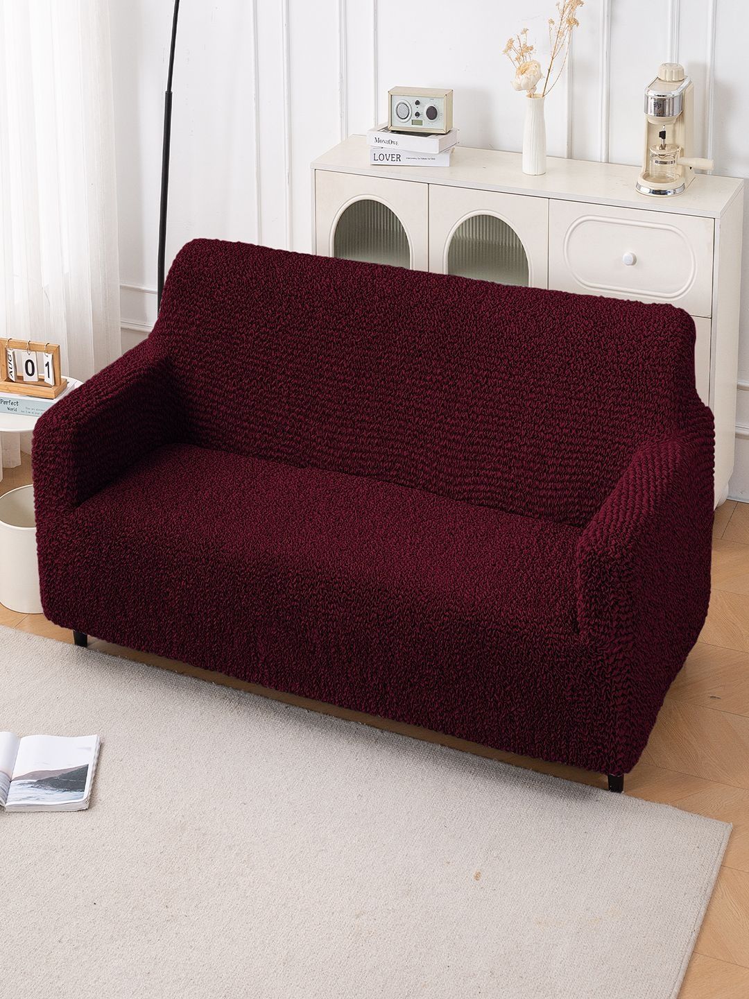 HOKIPO Merlot Wine Italian Belissia Luxe 700 GSM Microfiber 2 Seater Sofa Cover-picture-38