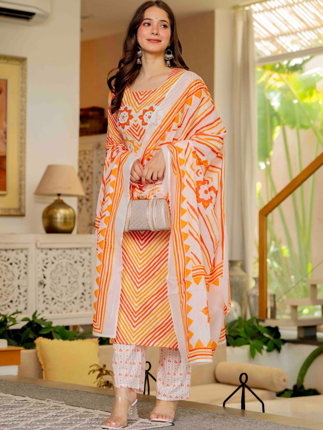 JAIPUR SARAI Women Leheriya Printed Regular Mirror Work Pure Cotton Kurta with Trousers & With Dupatta-picture-36