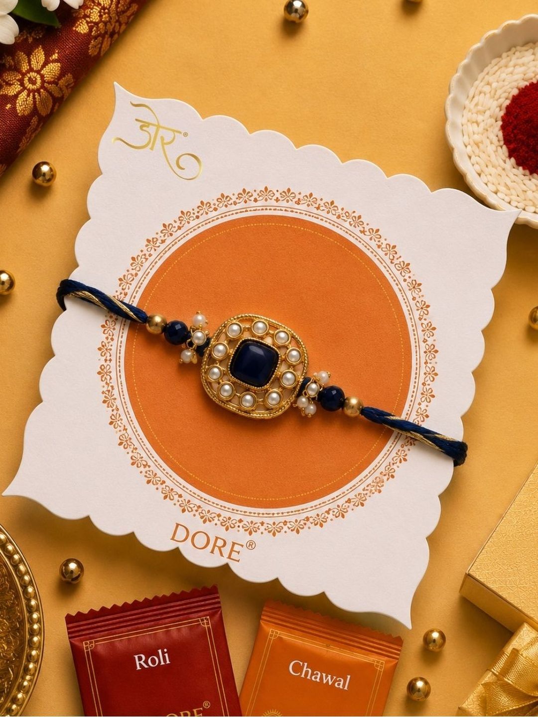 Dore Royal Blue Jaipuri Kundan Designer Rakhi with Roli Chawal for Brother-picture-24