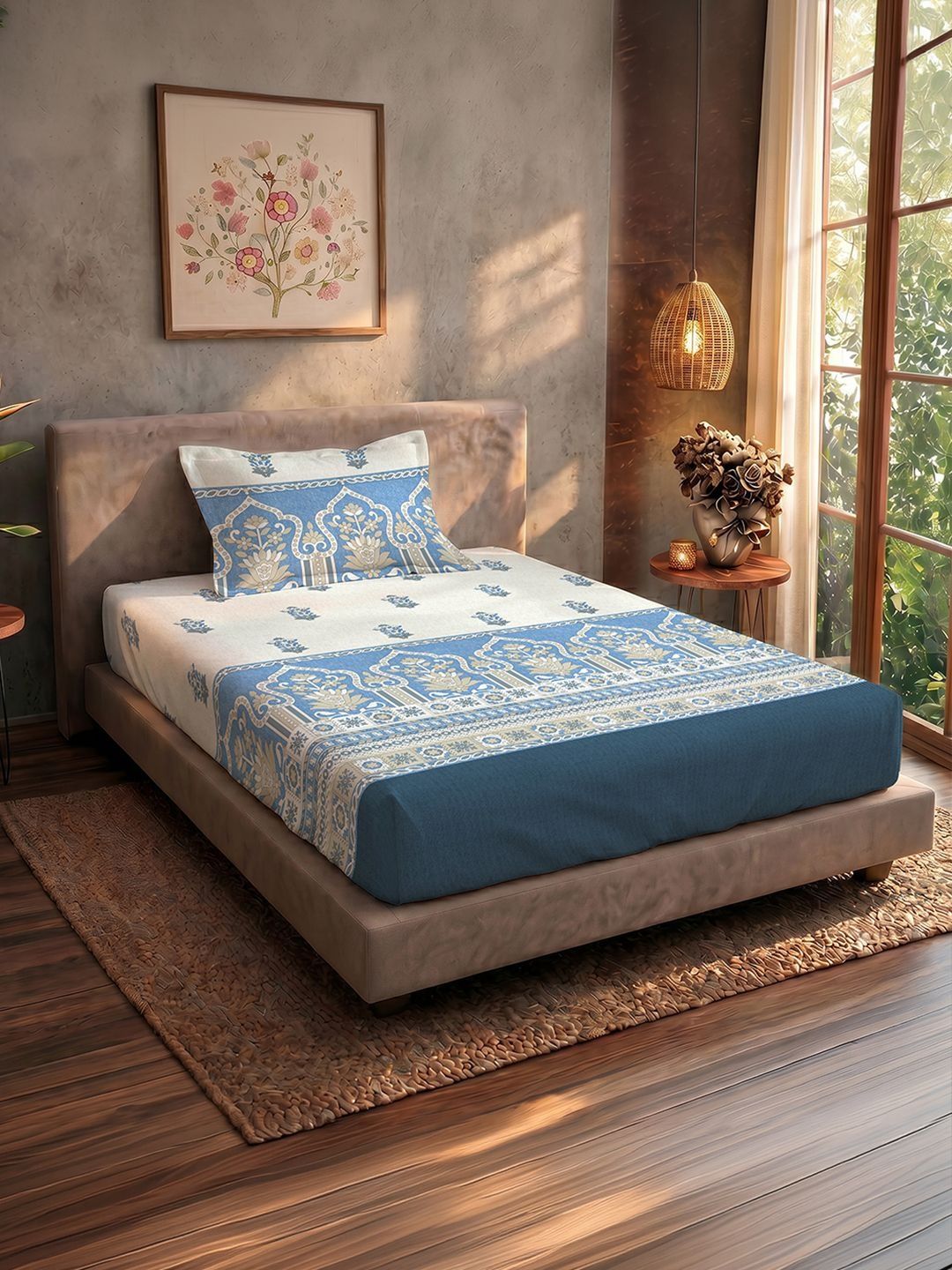 URBAN SPACE Blue & White Floral 200 TC Single Bedsheet with 1 Pillow Covers-picture-39