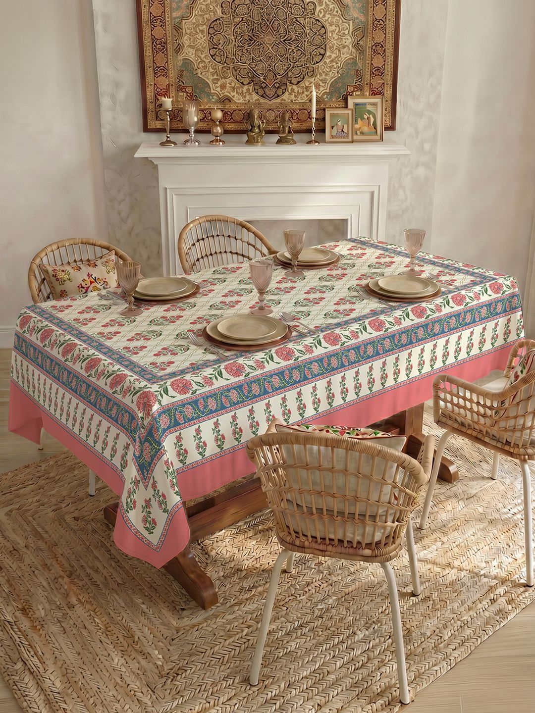 URBAN SPACE Pink Floral Anti-Skid Cotton 6-Seater Table Cover with Textured details-picture-13