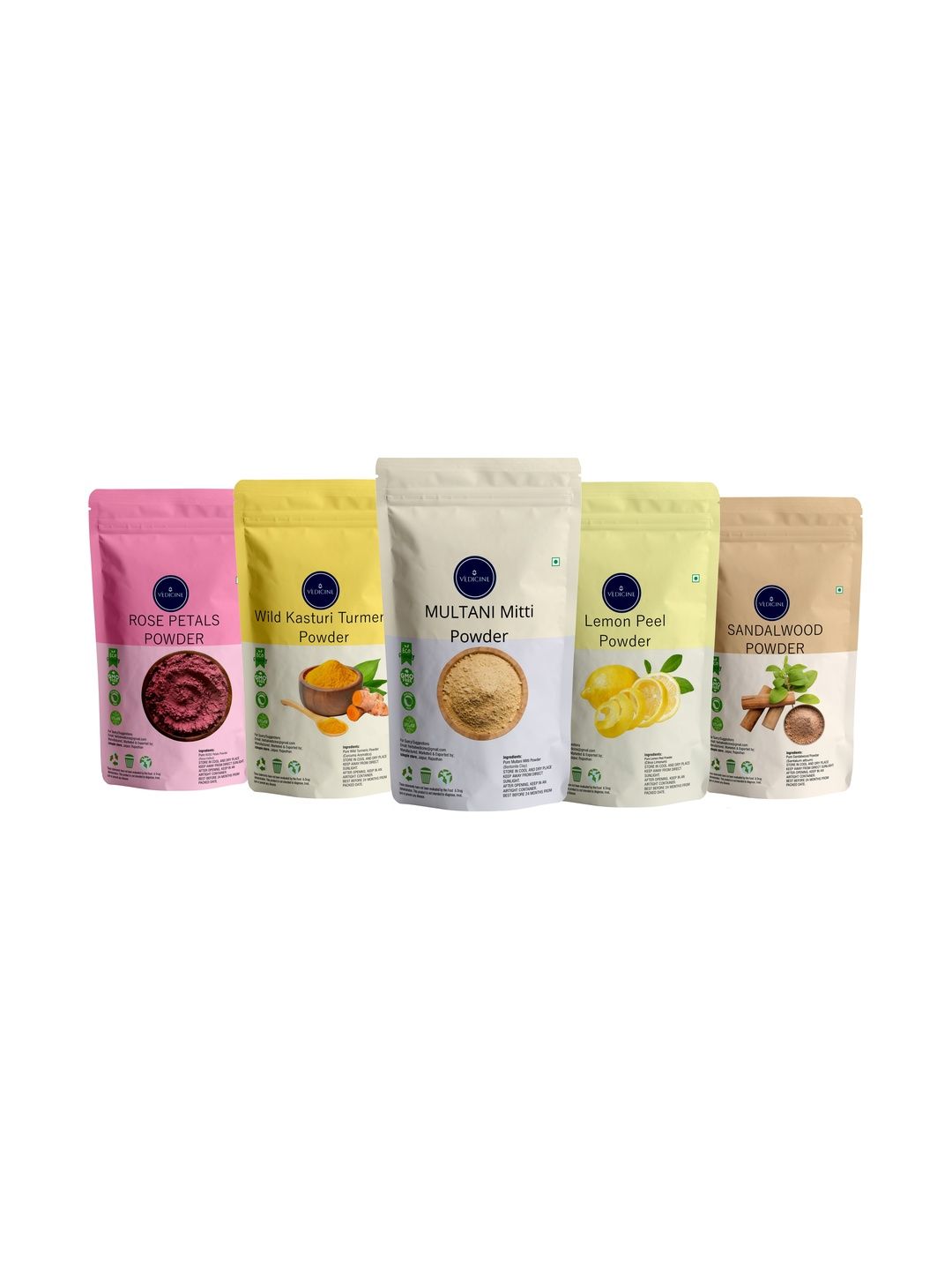 VEDICINE Set Of 5 Wild Kasturi Turmeric Rose Lemon Multani Sandalwood Powder - 100g Each-picture-52