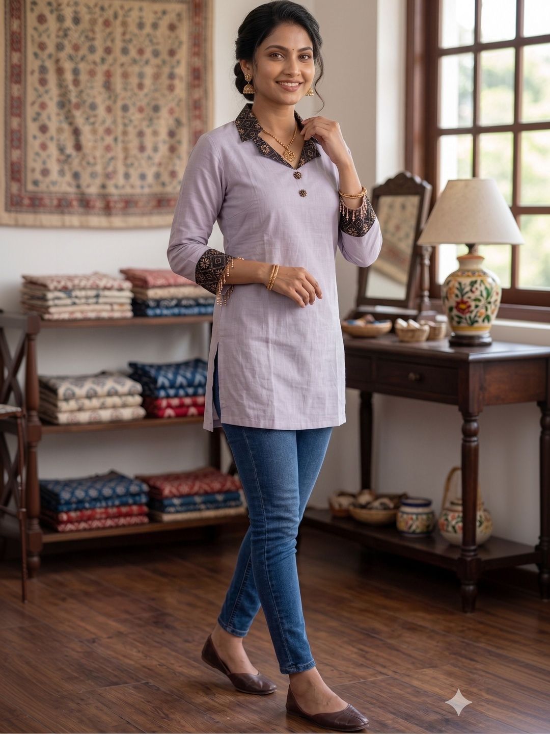 KALINI Ethnic Motifs Printed Shirt Collar Kurti-picture-35