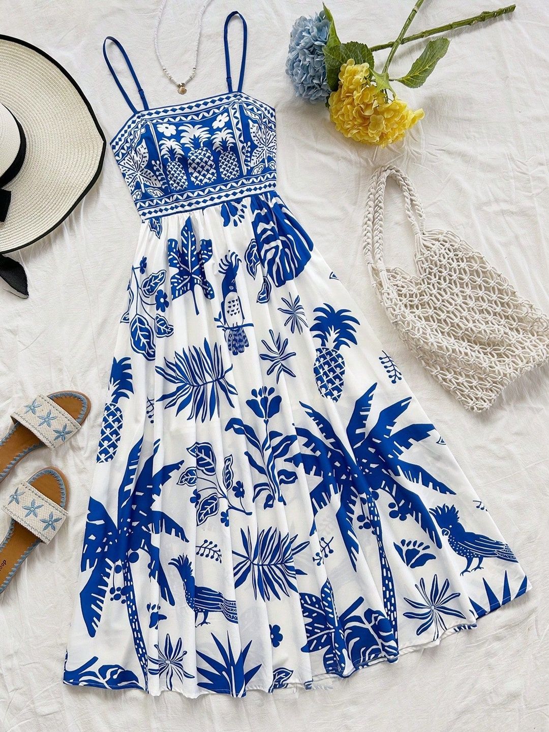 Honky Tonky Tropical Print Crepe A-Line Midi Dress-image-41