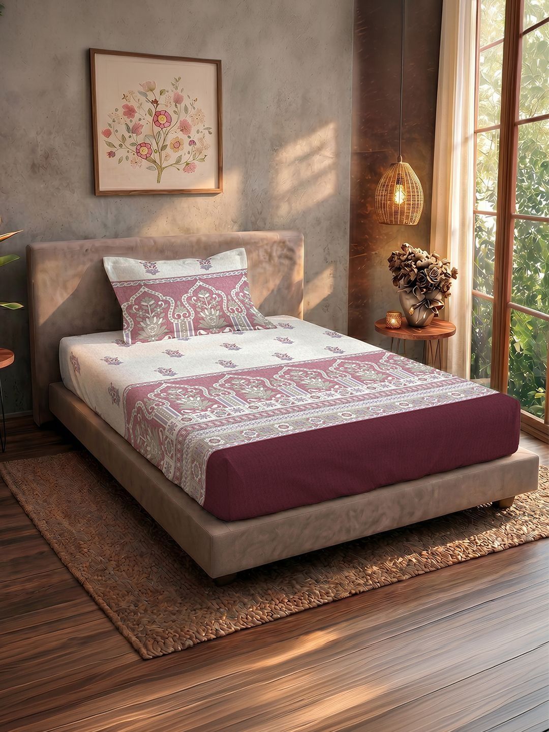 URBAN SPACE Pink & White Floral 200 TC Single Bedsheet with 1 Pillow Covers-picture-36