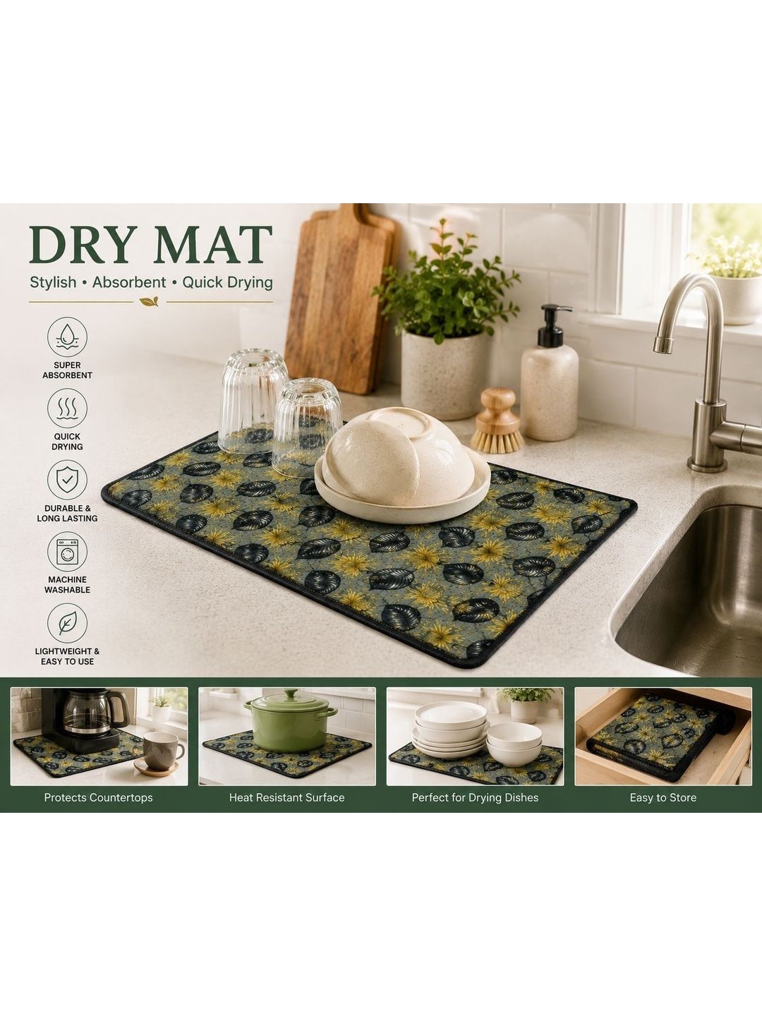 Aura Green & Yellow Printed Microfiber Reversible Water Absorption Dish Drying Mat-image-38