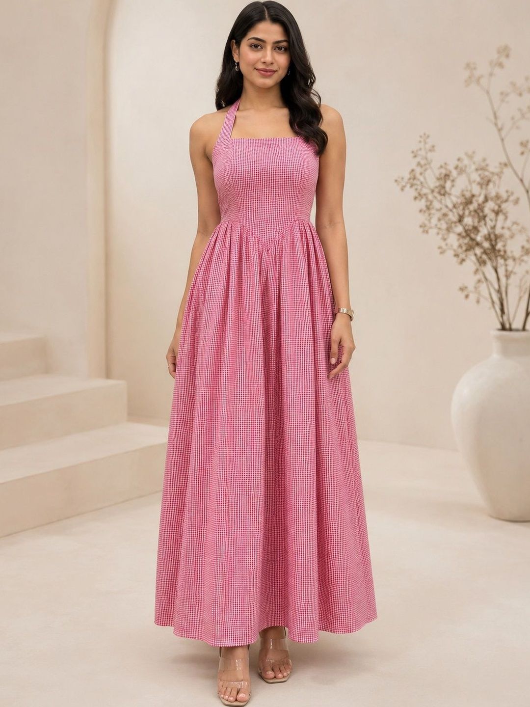 SHEETAL Associates Checked Halter Neck Crepe Maxi Dress-picture-31