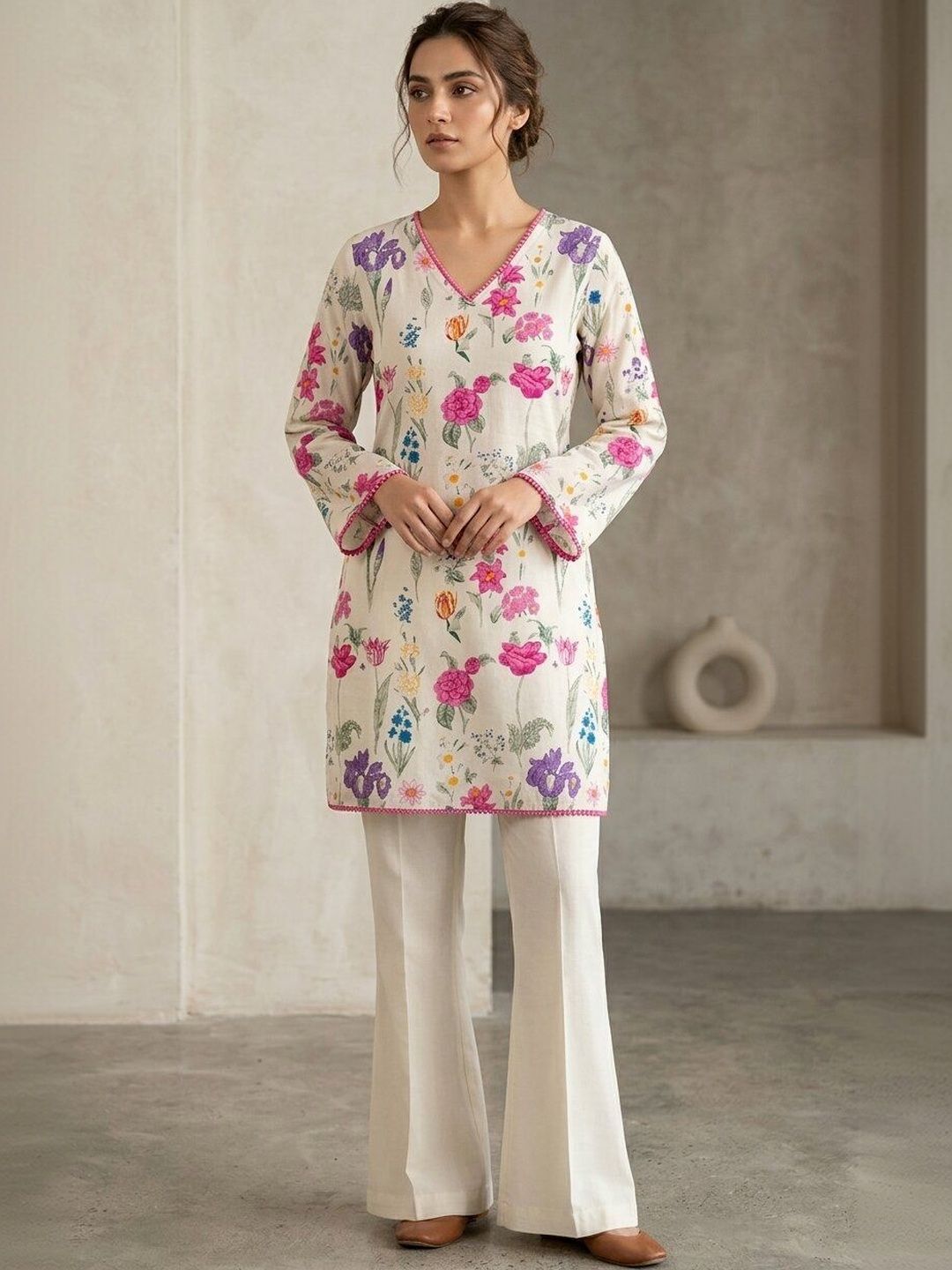 Anouk Floral Embroidered Thread Work V-Neck Pure Cotton Kurti with Trousers-picture-14