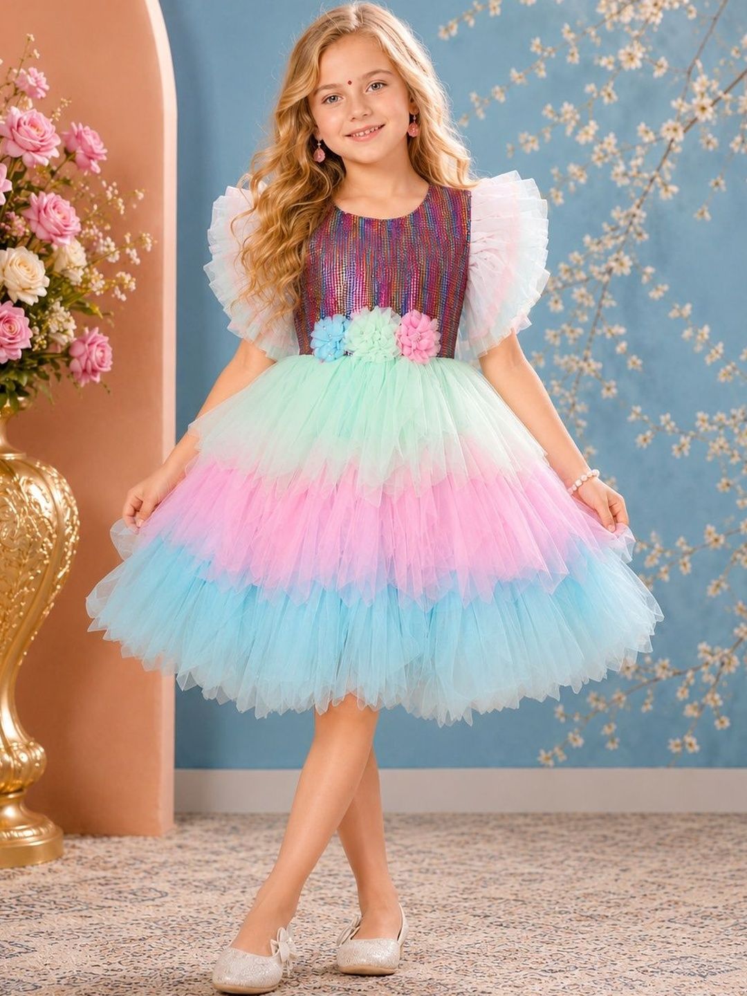 KALINI Colourblocked Flutter Sleeve Ruffled Net A-Line Dress-image-44