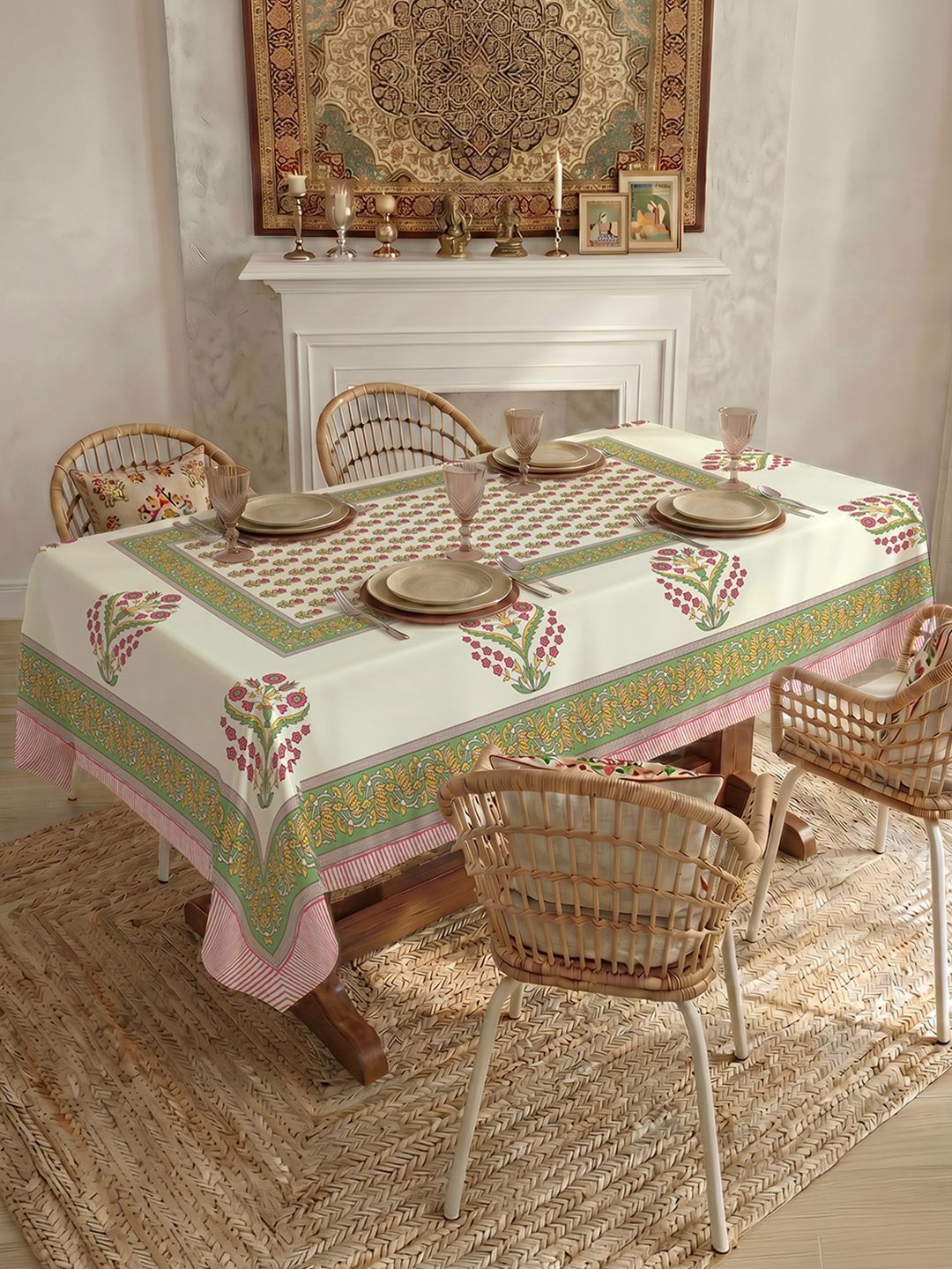 URBAN SPACE White Floral Anti-Skid Cotton 6-Seater Table Cover with Textured details-picture-22