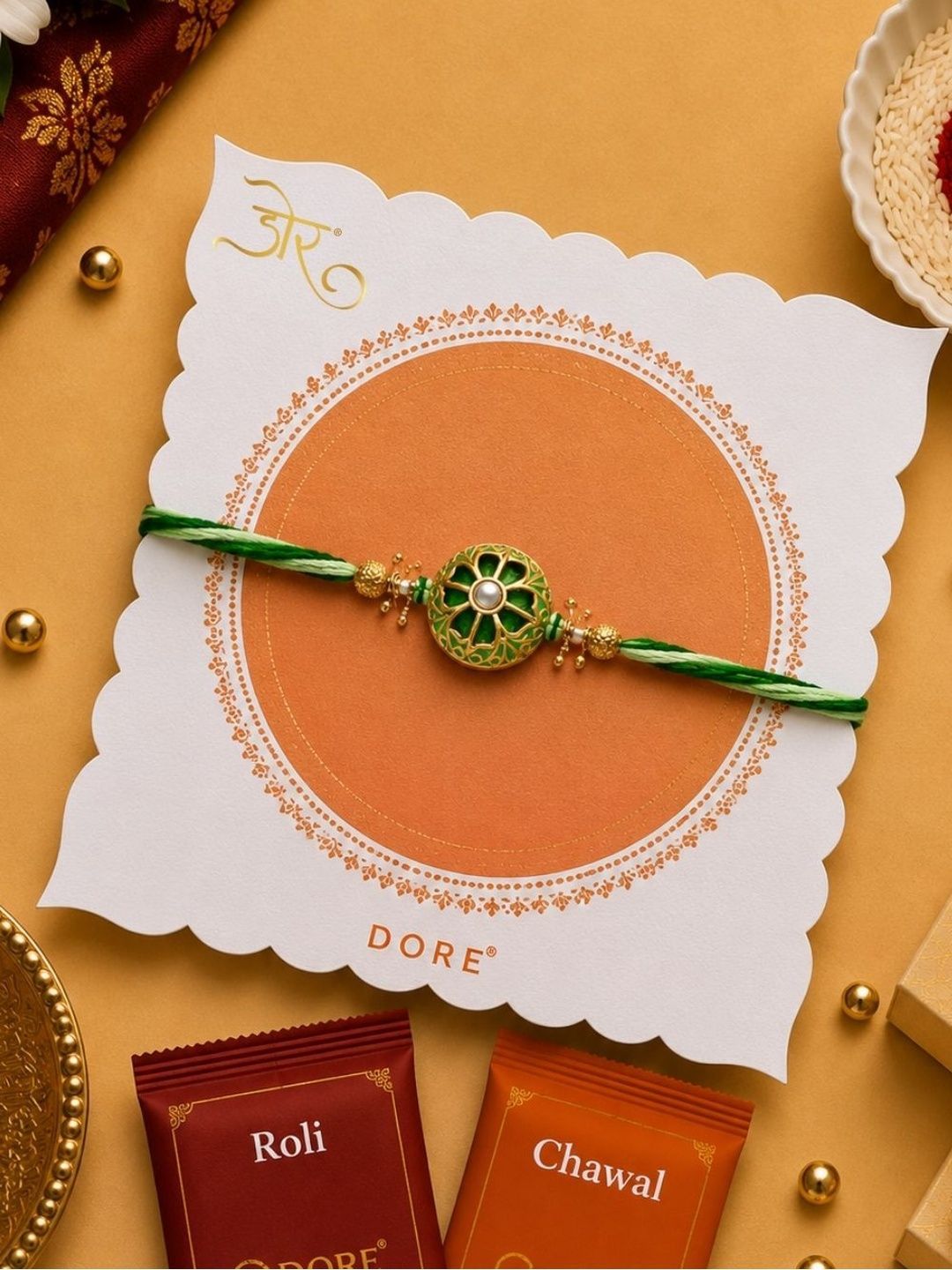 Dore Green Floral Jaipuri Meenakari Rakhi For Brother Set with Roli Chawal-picture-22
