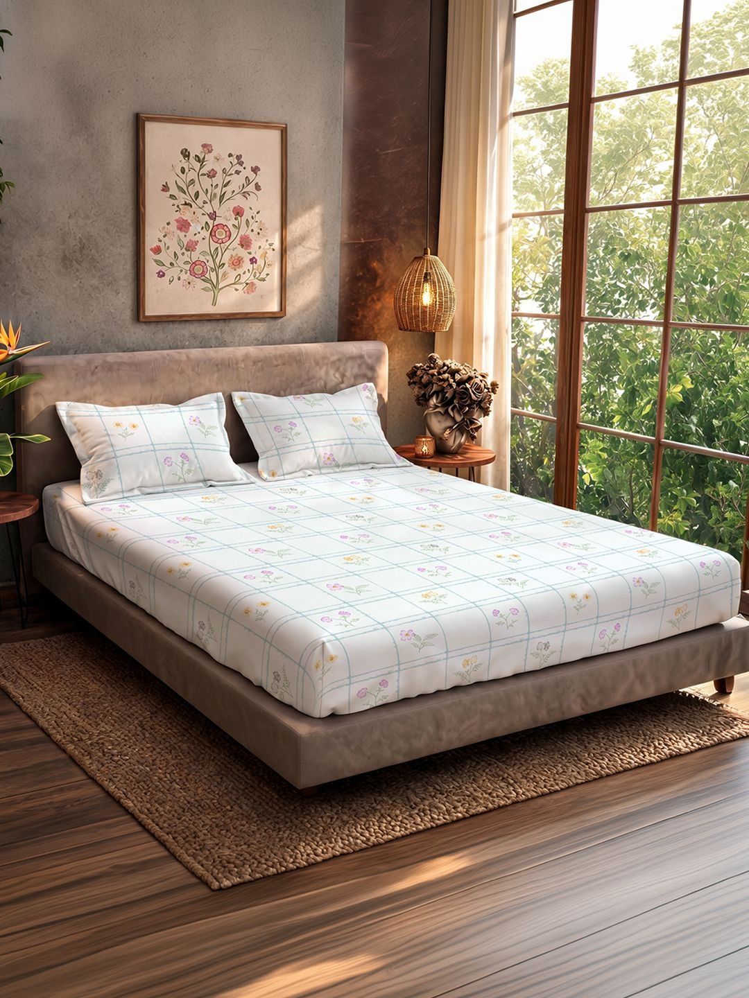 URBAN SPACE Blue & White Floral 200 TC Queen Bedsheet with 2 Pillow Covers-picture-25