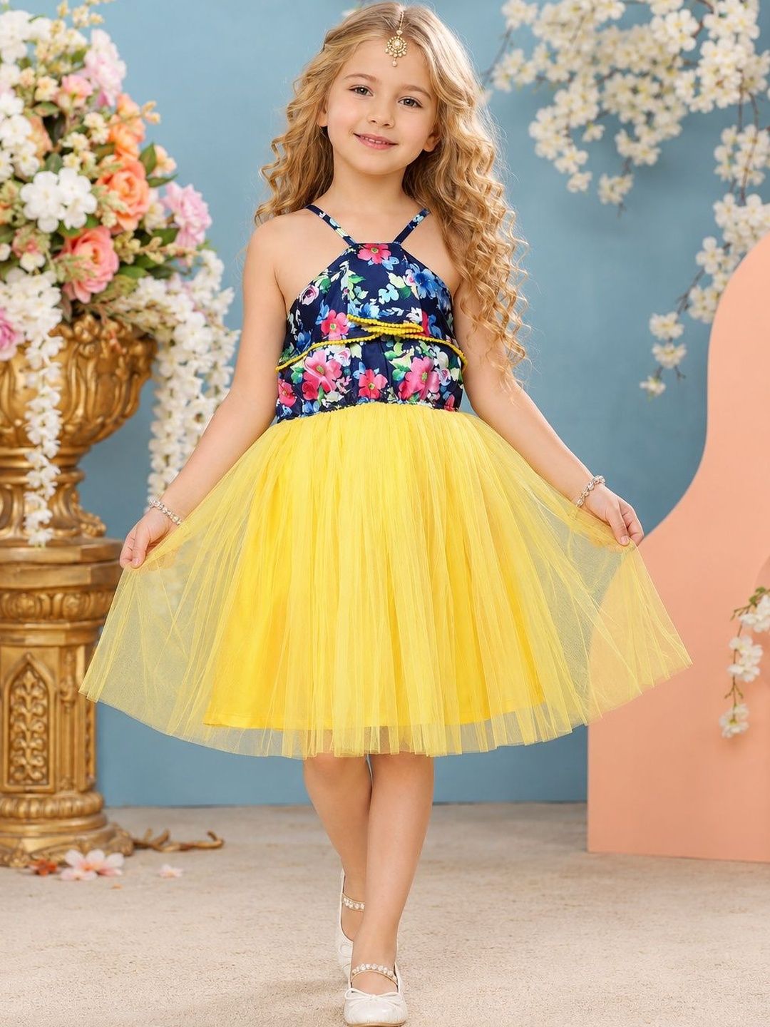 KALINI Floral Print Halter Neck Net A-Line Dress-image-19