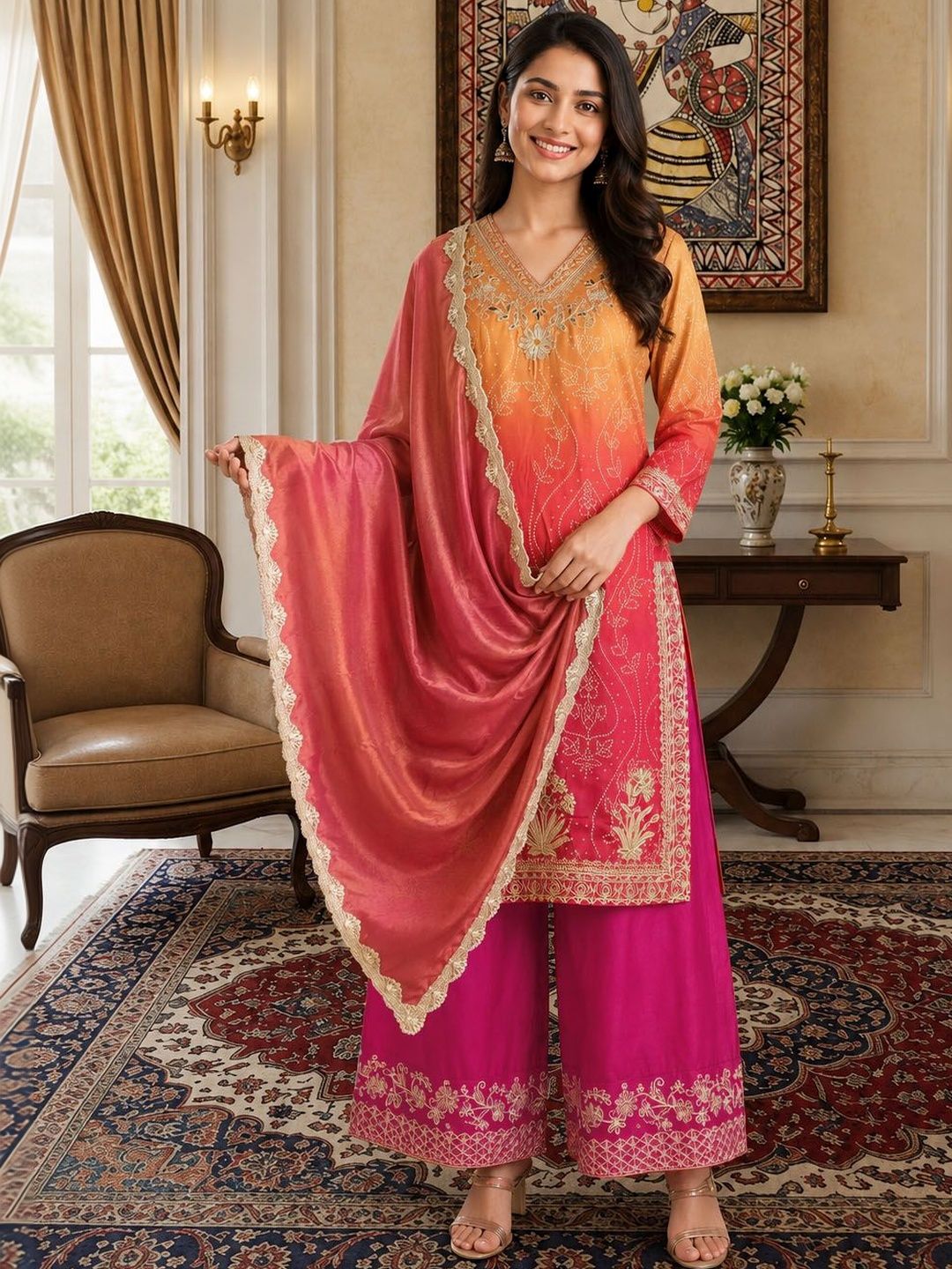 House of Pataudi Women Ombre Embroidered Regular Pure Silk Kurta with Palazzos & With Dupatta-picture-21