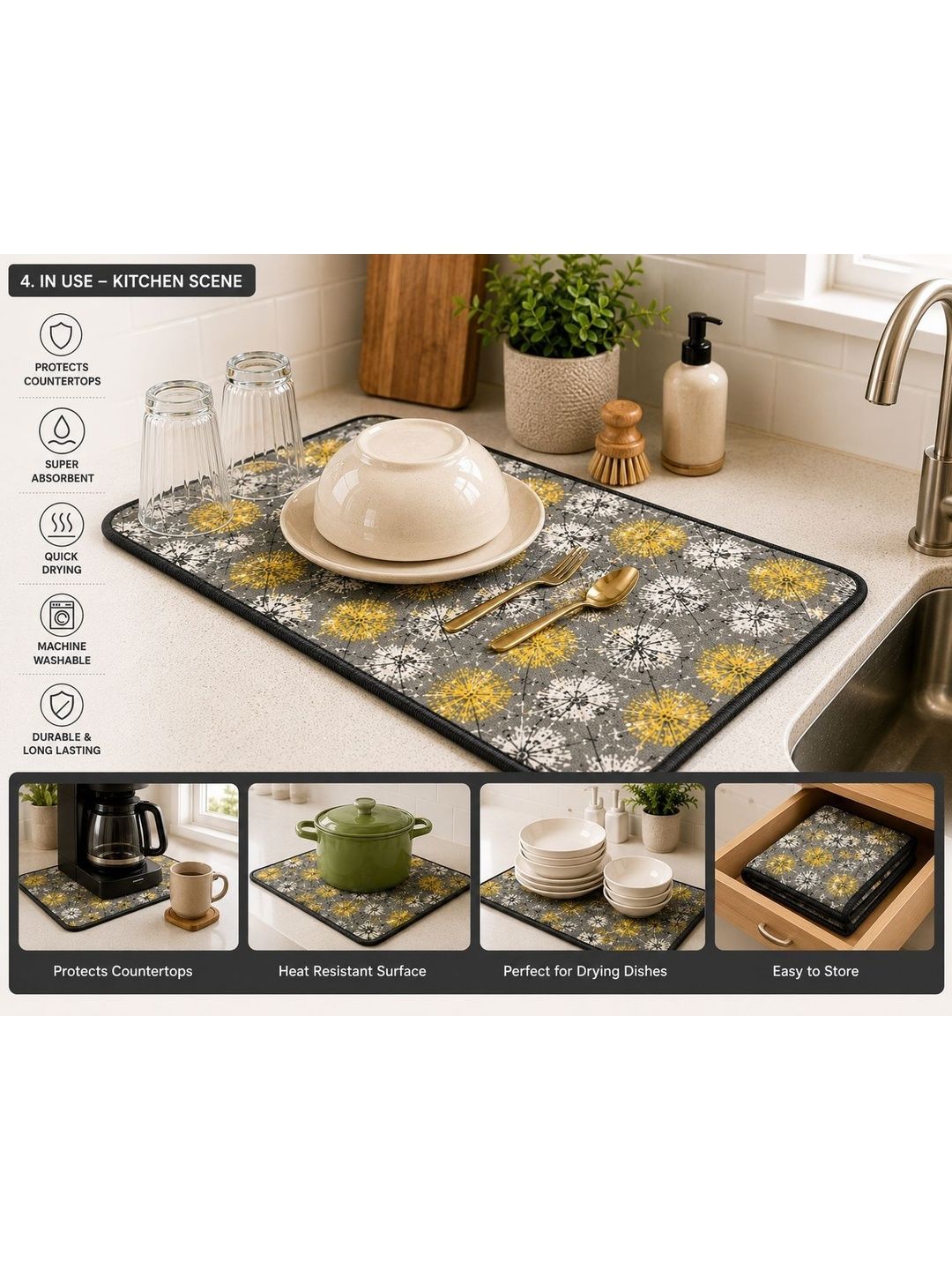 Aura Grey & Yellow Printed Microfiber Reversible Water Absorption Dish Drying Mat-image-37