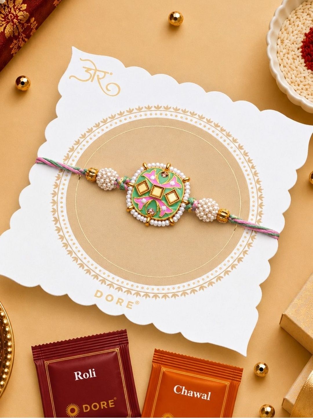 Dore Sunburst Jaipuri Meenakari Rakhi with Ornate Peacock Border-picture-40