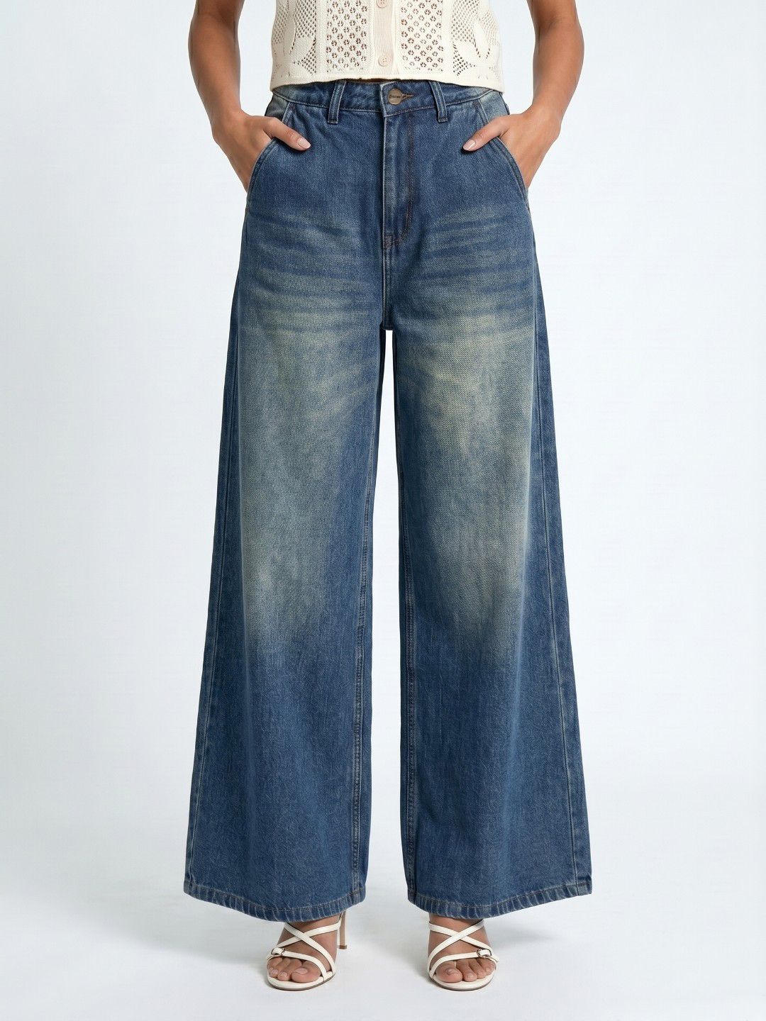 glitchez Women Wide Leg Mid-Rise Light Fade Jeans-image-47
