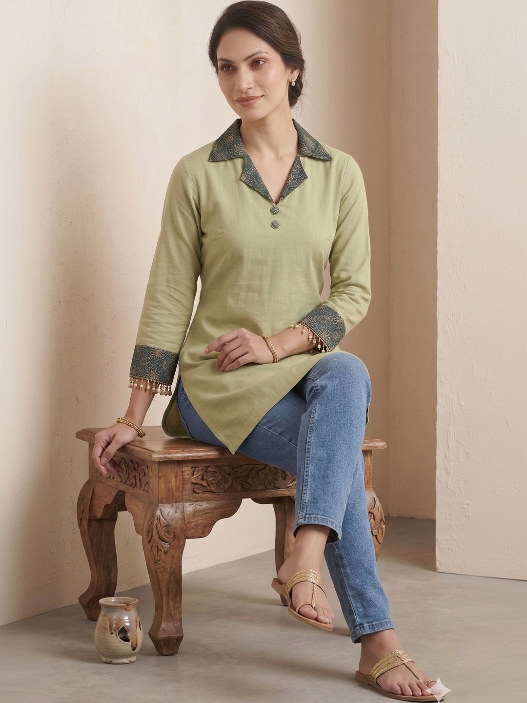 NAVYAAZRI Woven Design Shirt Collar Kurti-image-45