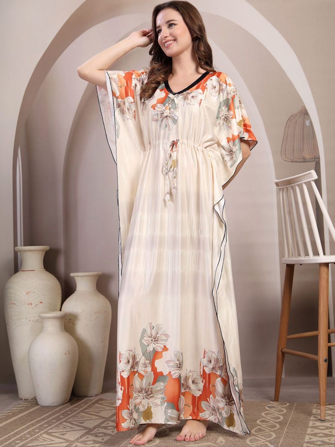 FABINALIV Women Beige Floral Graphic Printed V-Neck Kaftan Nighty-picture-26