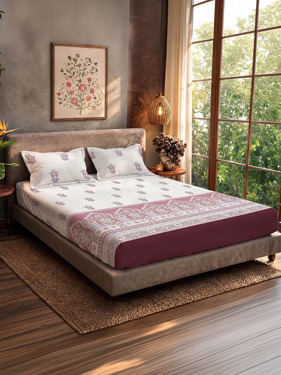 URBAN SPACE Pink Floral 200 TC King Bedsheet with 2 Pillow Covers-picture-12