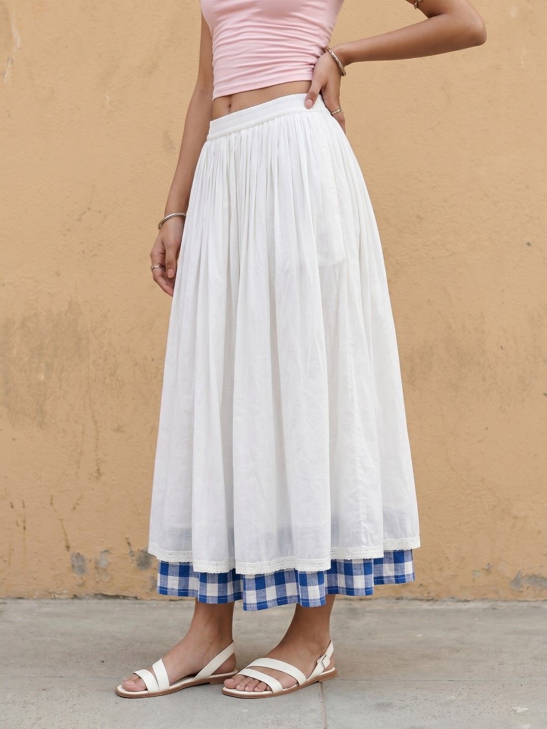 fusion by glitchez Women Pure Cotton Checked Midi Flared Skirt-picture-32
