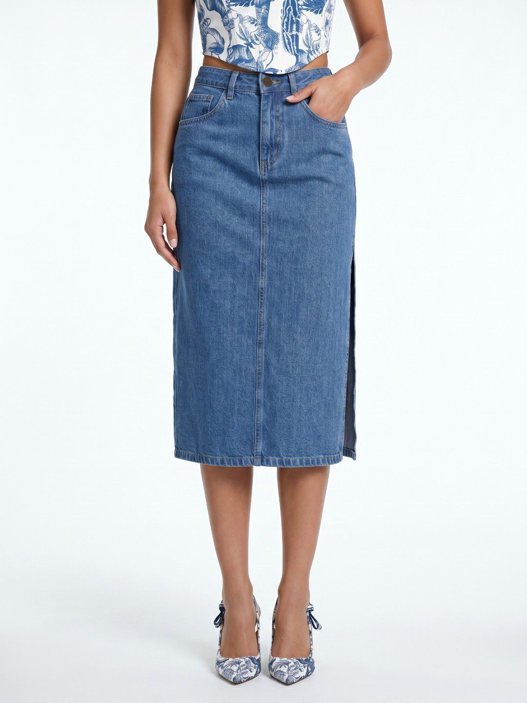 glitchez Women Side Slit Midi Denim Skirt-image-1